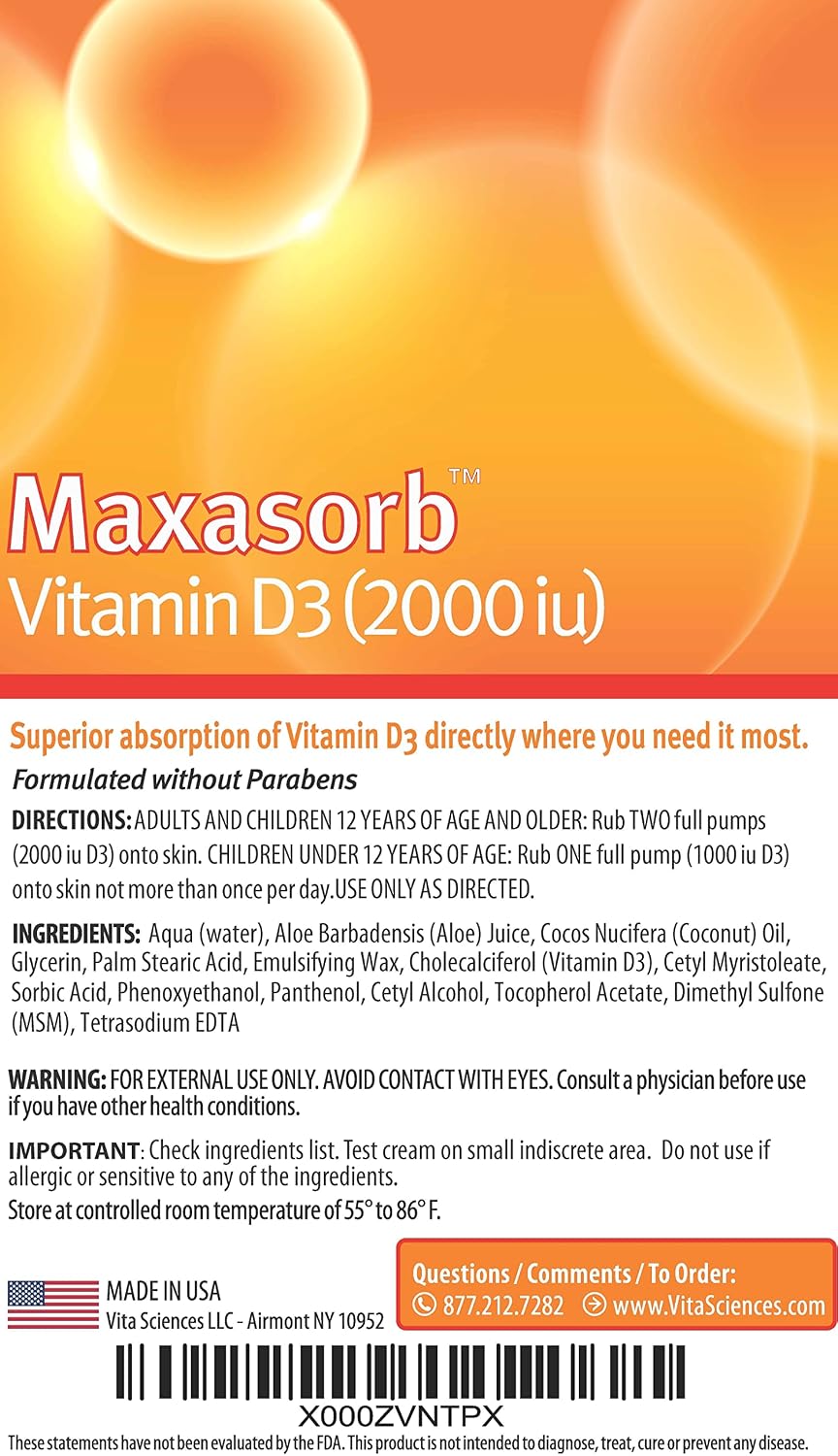 Vita Sciences Maxasorb Vitamin D3 Cream 2,000 IU, Topical Formula - 1.7 Oz | Delivers 2,000 IU of Topical Vitamin D3 Cream Per Pump - Fast-absorbing, Non-greasy, Paraben-Free Daily Skin Moisturizer.