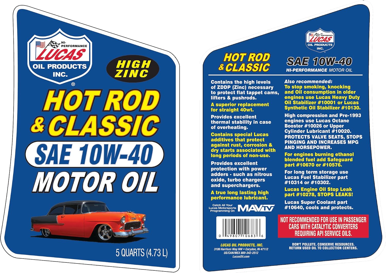 Lucas Oil 10688 Hot Rod and Classic Car SAE 10W-40 Motor Oil - 1 Quart