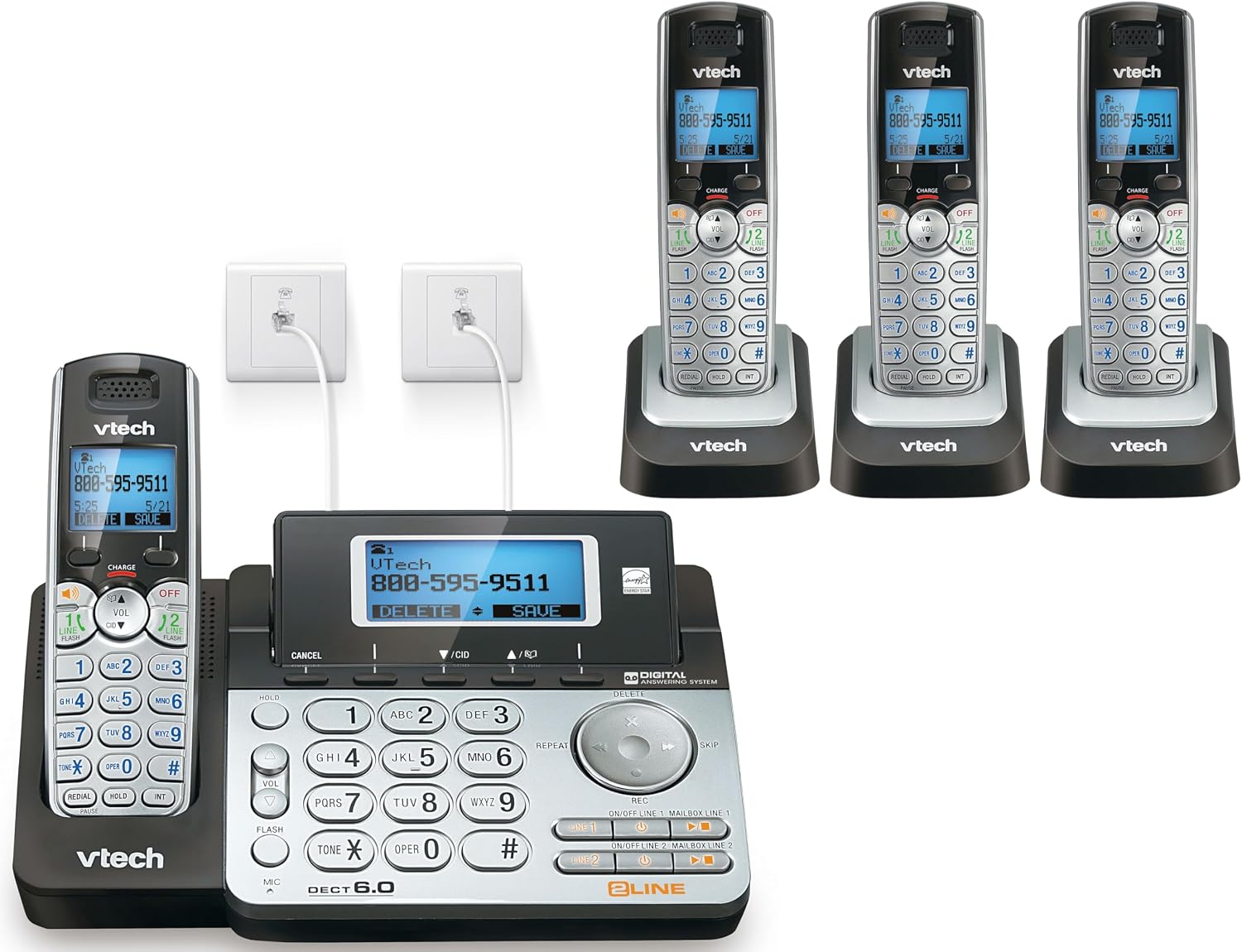 VTech DS6101 Accessory Handset for DS6151 Series, Black/Silver | 2-Line Cordless Phone, Answering System, Expandable up to 12 Handsets, Intercom & Conference