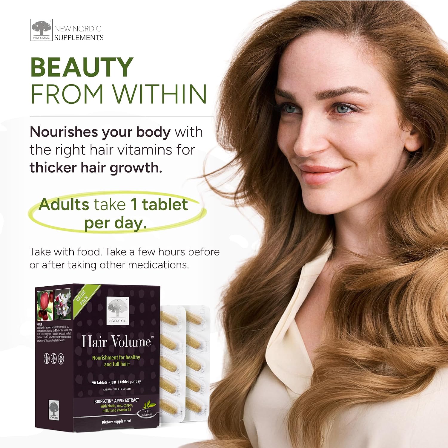 NEW NORDIC Hair Volume Daily Biotin Support Supplement | 90 Tablets | Daily hair supplement tablets made with biotin and Annurka apple extract for simple incorporation into your daily routine