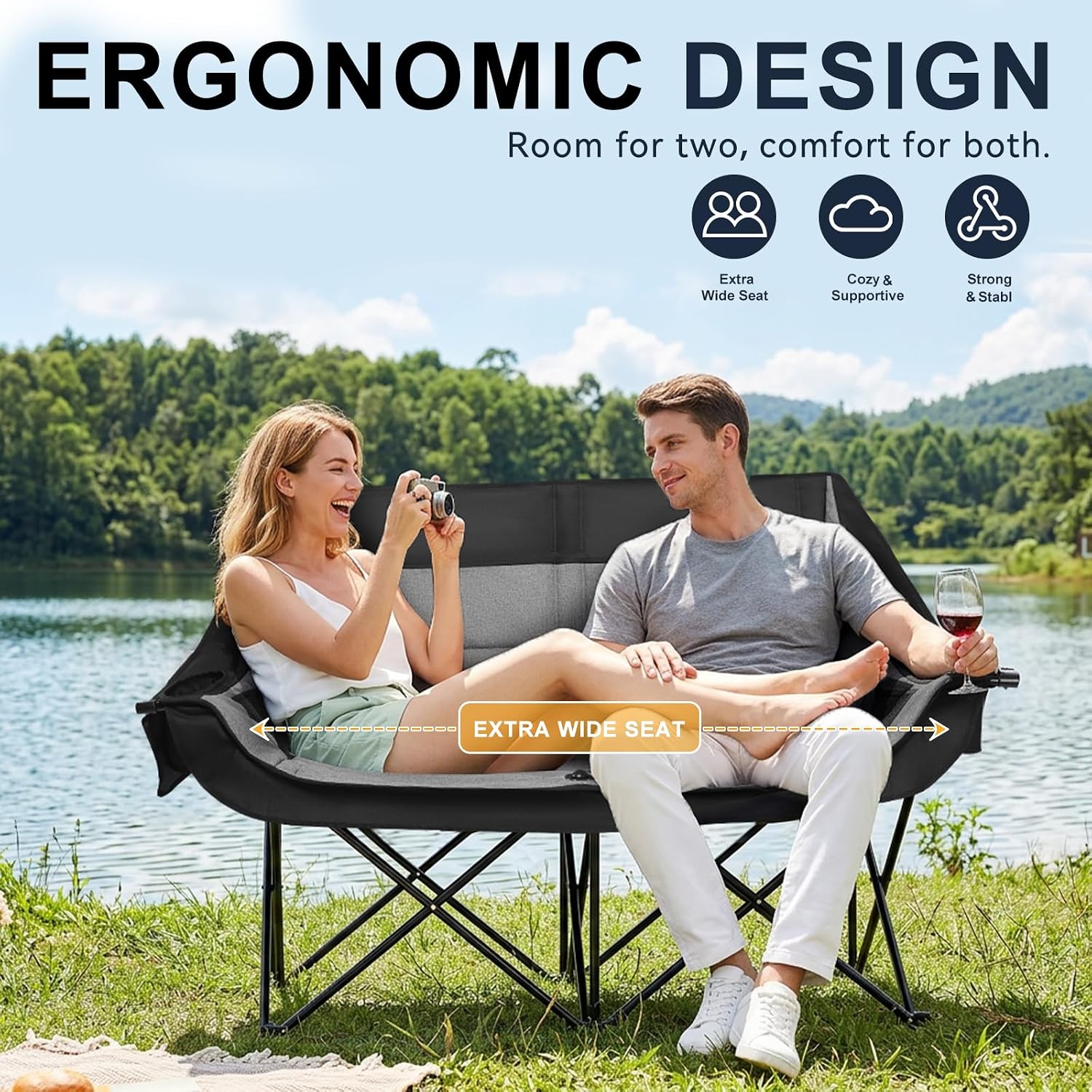 Oversized Camping Chairs for Adult - Heavy Duty Padded Portable Folding Chair XL Collapsible Camp Chair with Cup Holder Side Pocket for Outdoor Lawn Beach Sport Fishing Support 500LBS, Grey