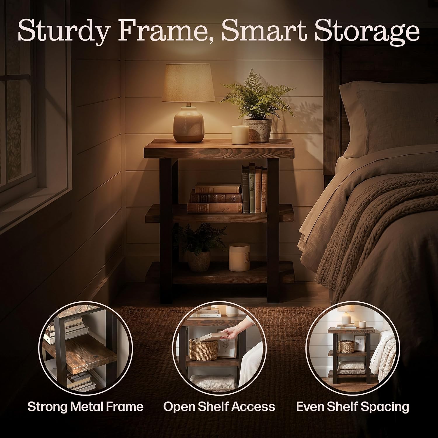 Alaterre Furniture Pomona Solid Wood 2-Tier End Table, Rustic Brown, 27” | Nightstand with Storage Shelf and Metal Legs, Industrial Farmhouse Chair Side Table for Living Room or Bedroom