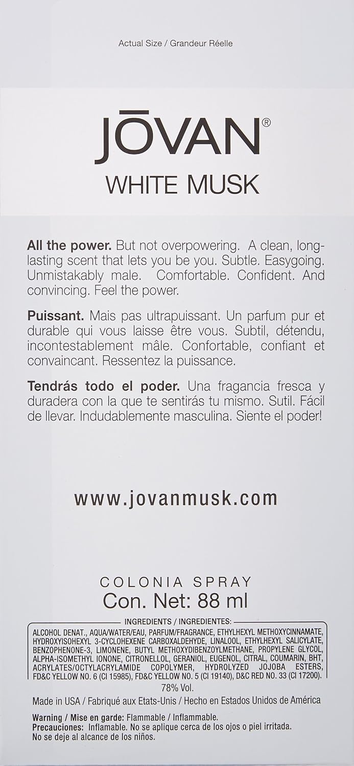 Jovan Musk for Men Eau de Cologne Spray 3 fl oz (Pack of 1), Notes of Carnation, Lavender, and Amber, Men's Fragrance, Long Lasting, Everyday Fragrance, Travel Size