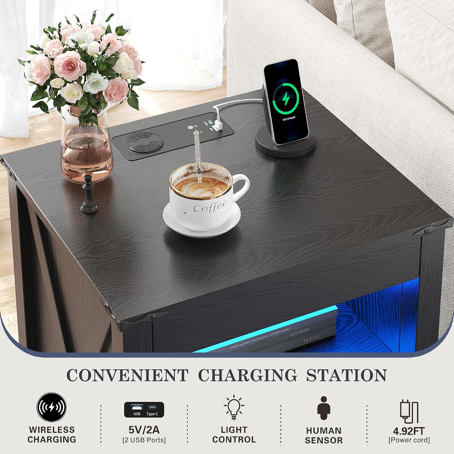 Farmhouse LED Nightstand with Gun Drawer&Invisible Lock,Modern Bedside Table with Human Sensor Design,Rustic Side Table with Wireless Charging for Living Room, Dark Oak
