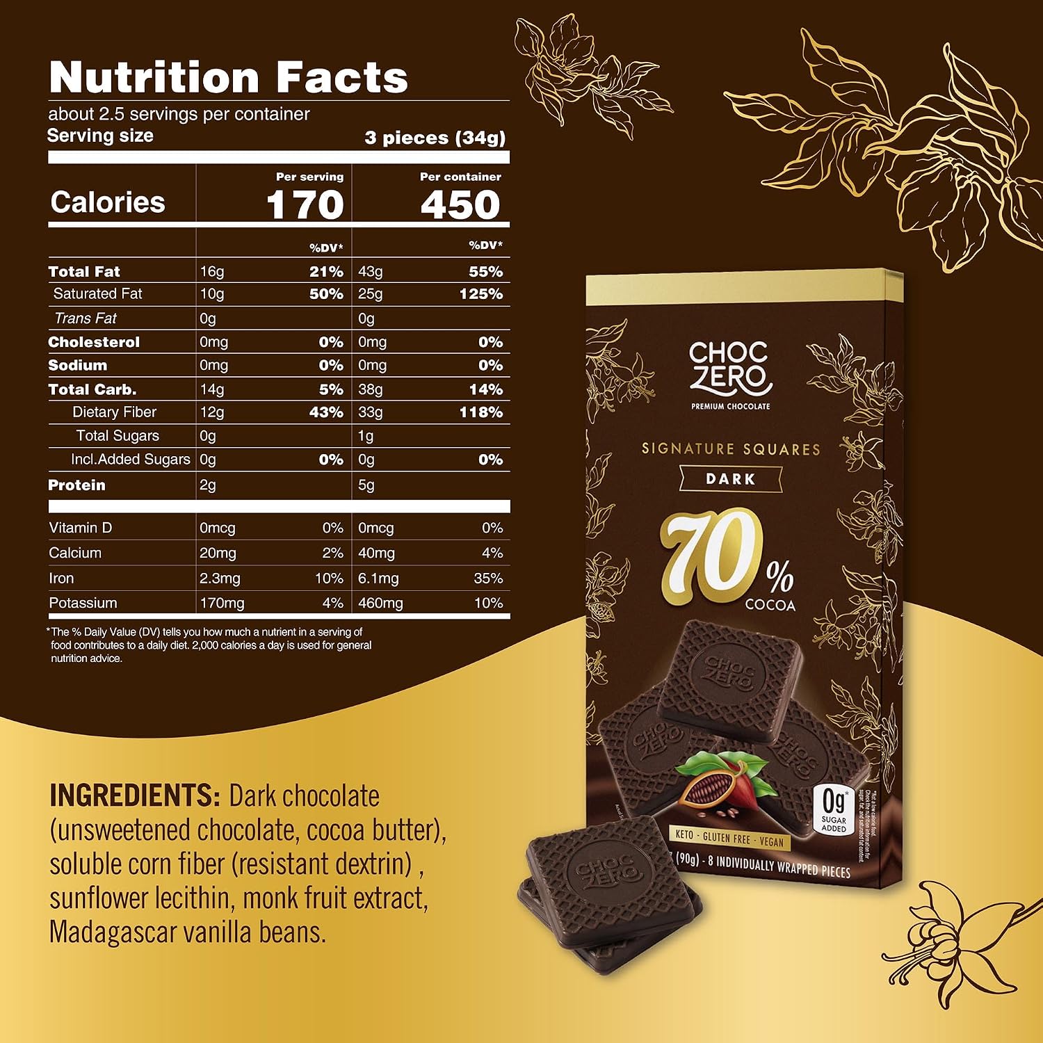 ChocZero 70% Cocoa Sugar Free Dark Chocolate Squares, Vegan, 4 Pack | No Sugar Alcohols, Keto, Low Carb, High Fiber, Gluten Free, 32 Total Candy Squares
