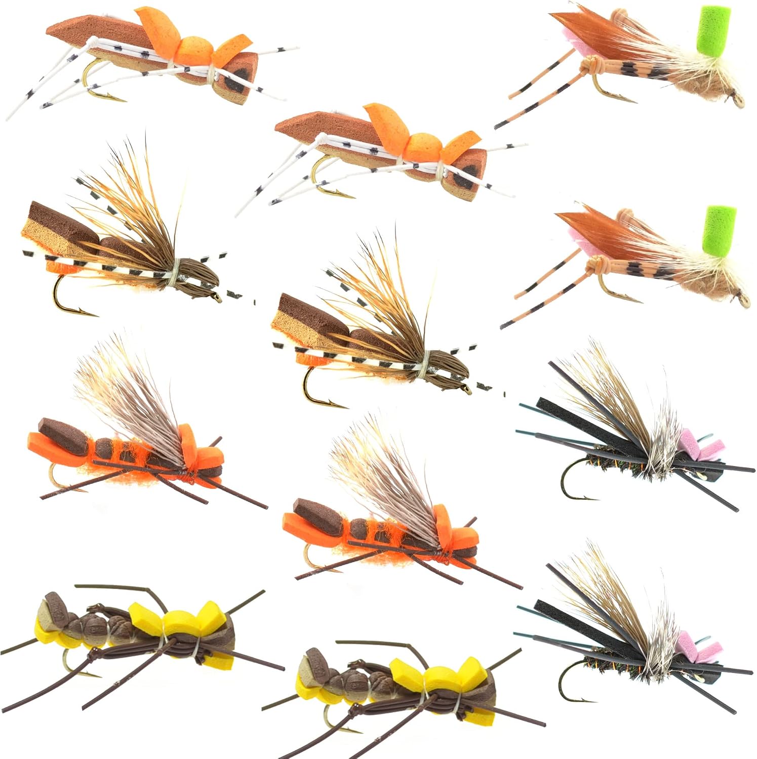 The Fly Fishing Place Foam Hopper Fly Fishing Flies Assortment, 12 Flies | Grasshopper Dropper Hoppers Patterns, 2 Each of 6 Patterns, Fly Box