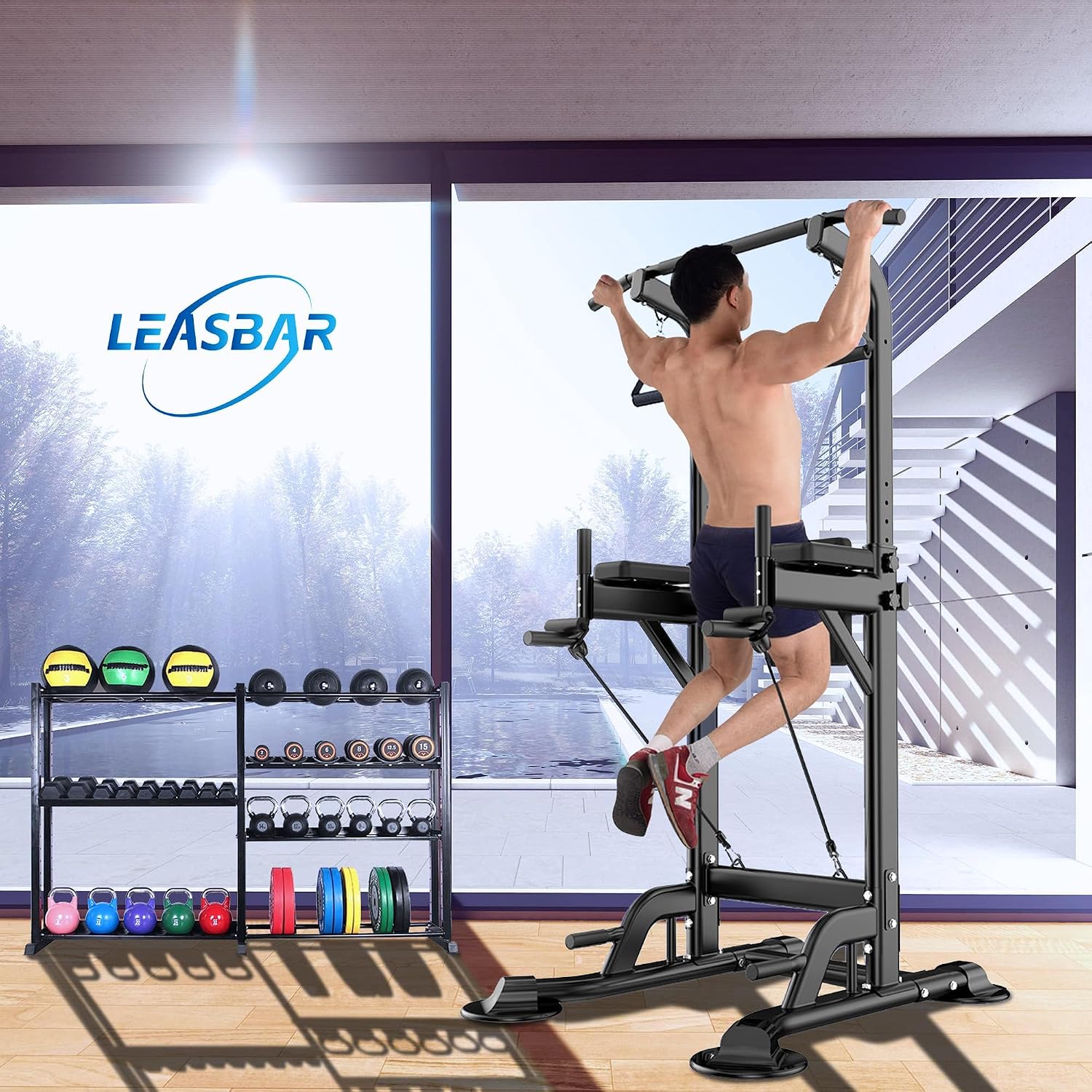 Pull Up Dip Station for Home Gym, Power Tower with Backrest, Adjustable Height Pull Up Bar Stand