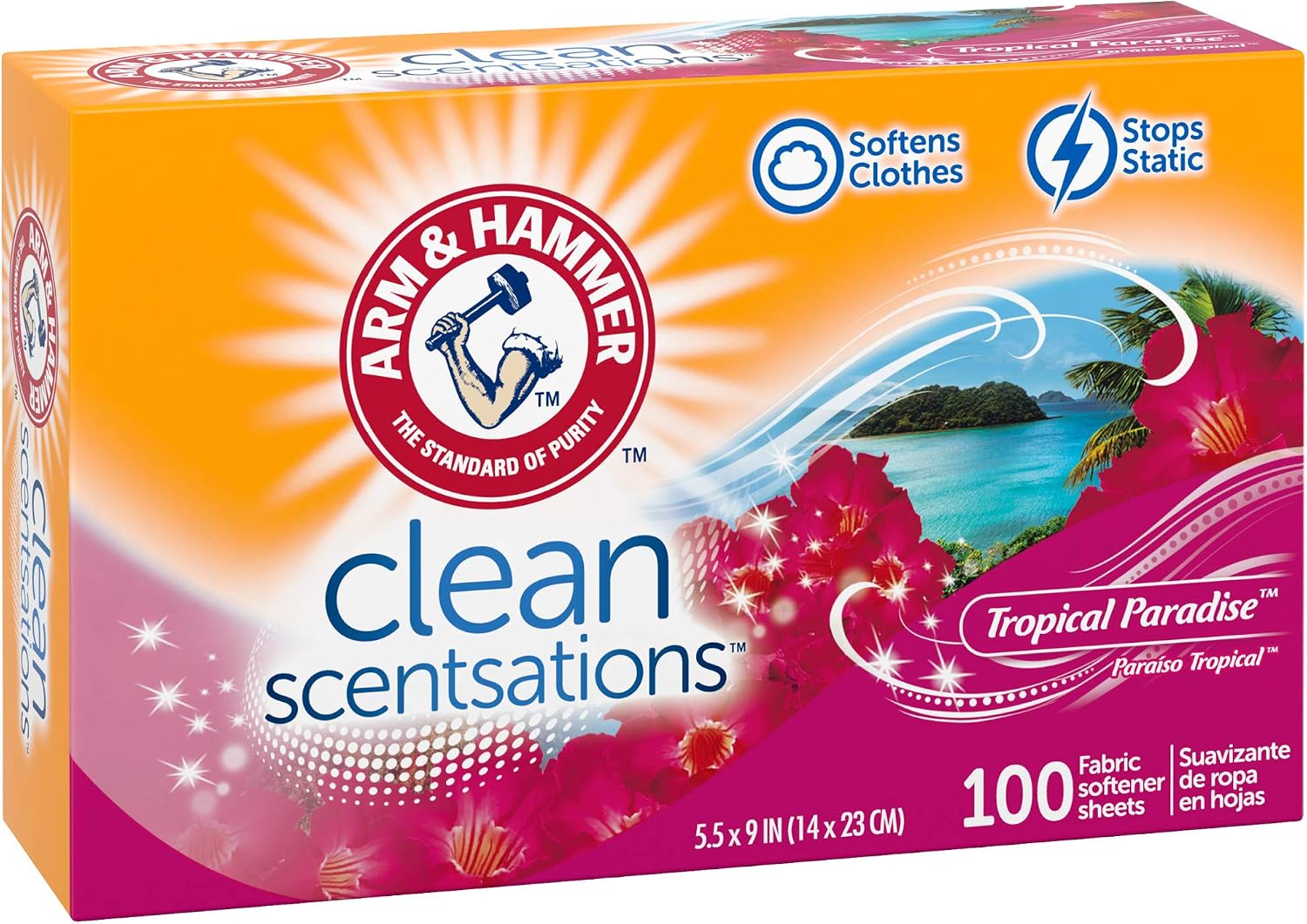 ARM & HAMMER Fabric Softener Dryer Sheets, Tropical Paradise, 100 Count | Softens Clothes, Reduces Static Cling, Long-Lasting Freshness