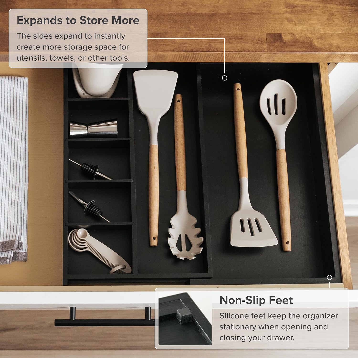 Utensil & Junk Drawer Organizer, 16-28 in, Bamboo | Food-safe contract grade, 100% sustainable wood, non-slip, adjustable