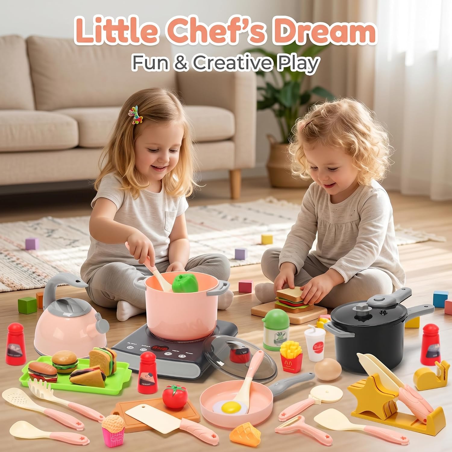 CUTE STONE Pretend Play Kitchen Toy with Cookware Steam Pressure Pot and Electronic Induction Cooktop, Cooking Utensils, Toy Cutlery, Cut Play Food