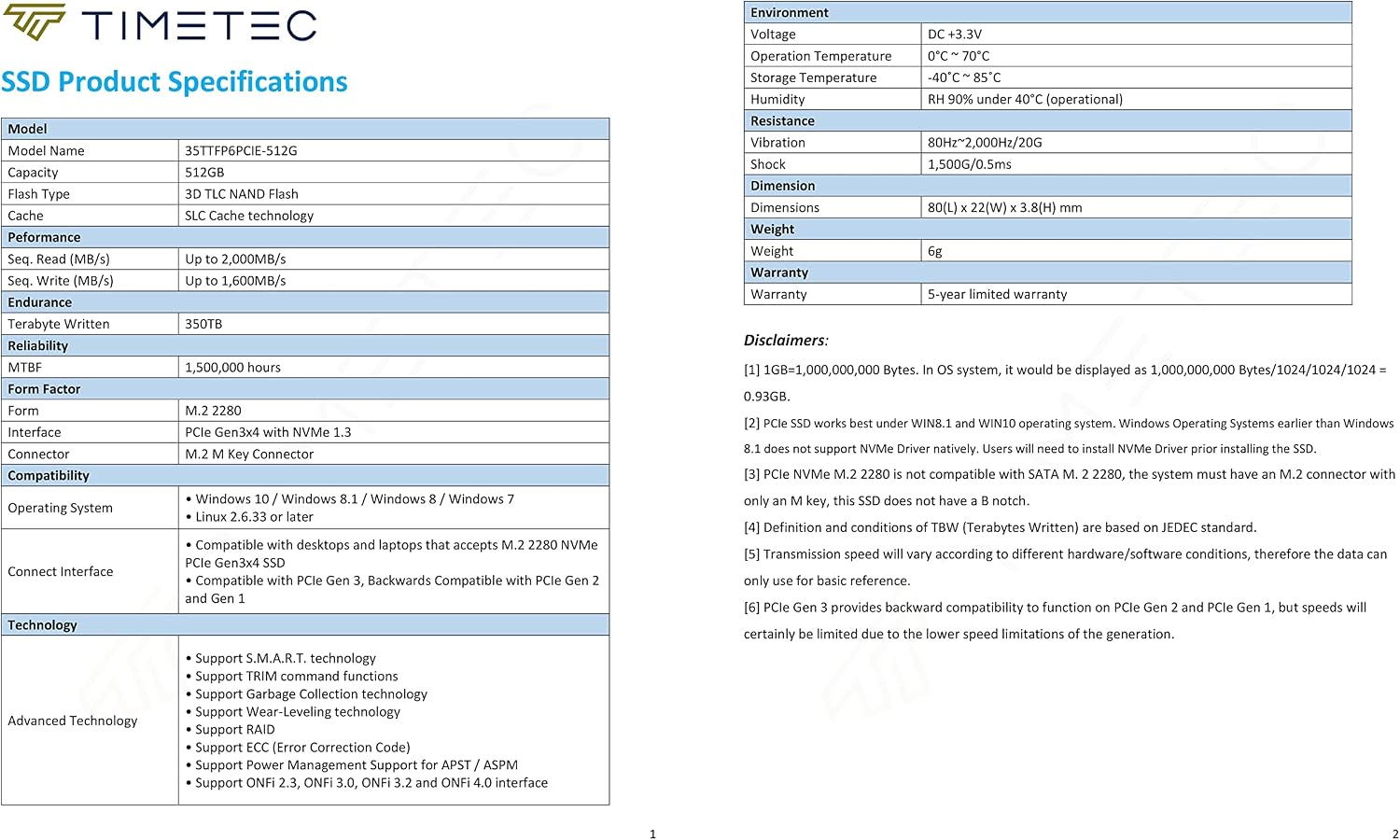 Timetec 1TB SSD NVMe PCIe Gen3x4 8Gb/s M.2 2280 3D NAND High Performance SLC Cache Read/Write Speed Up to 2, 000/1