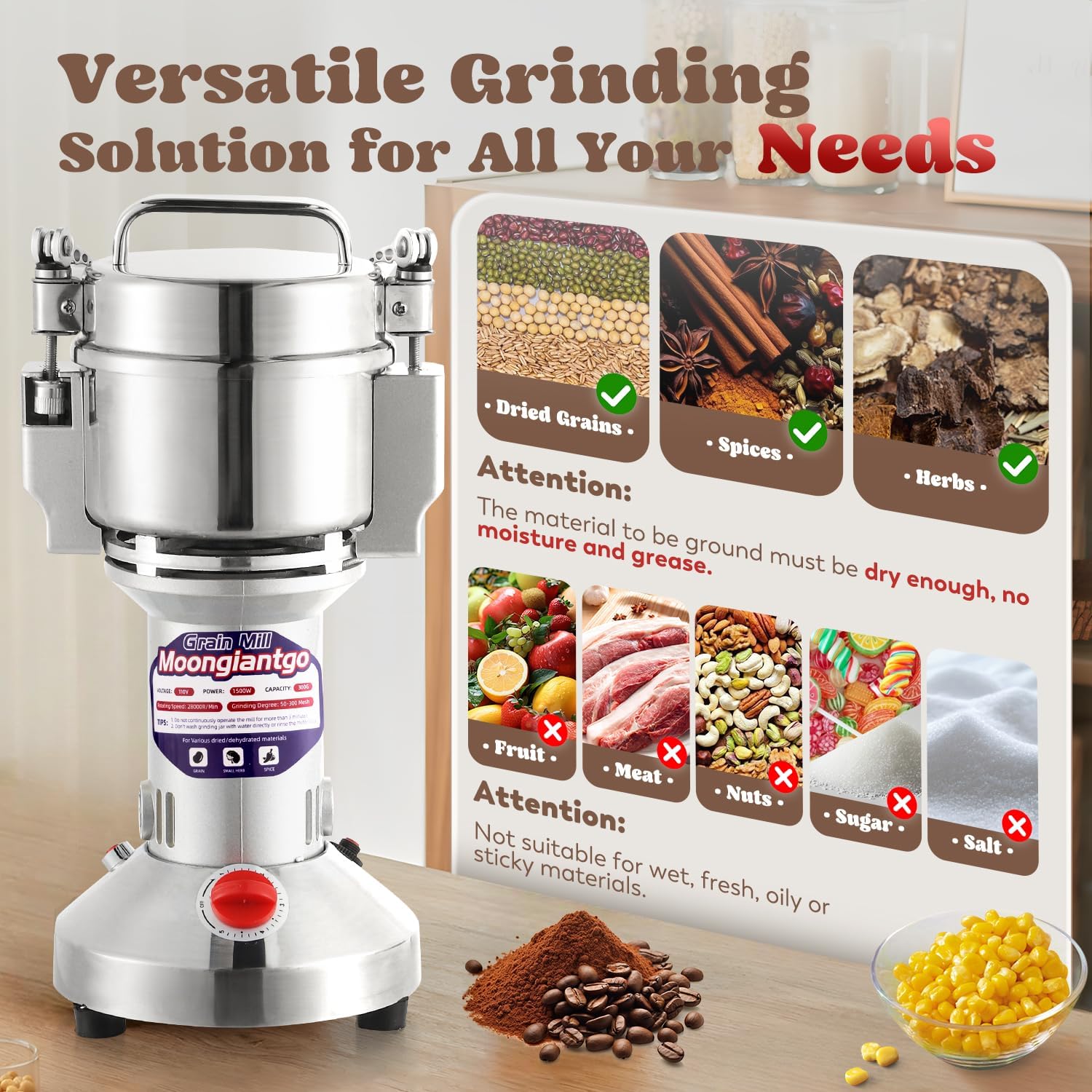 Moongiantgo Grain Mill Grinder Commercial Spice Grinder, 2500g Swing, 110V