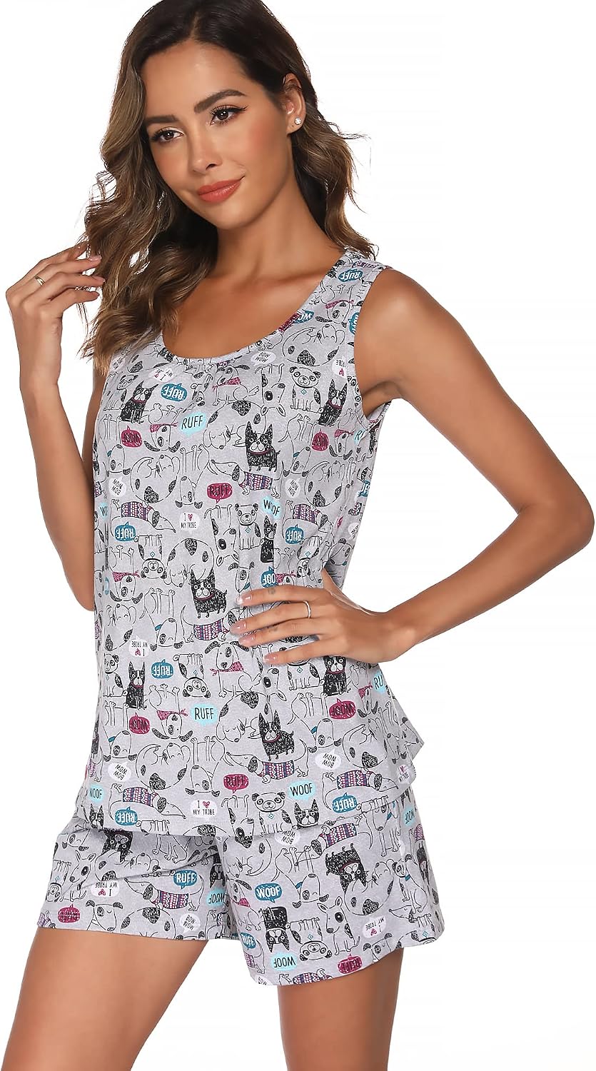 ENJOYNIGHT Womens Pajama Set Cotton Summer Sleep Tank and Shorts Pjs
