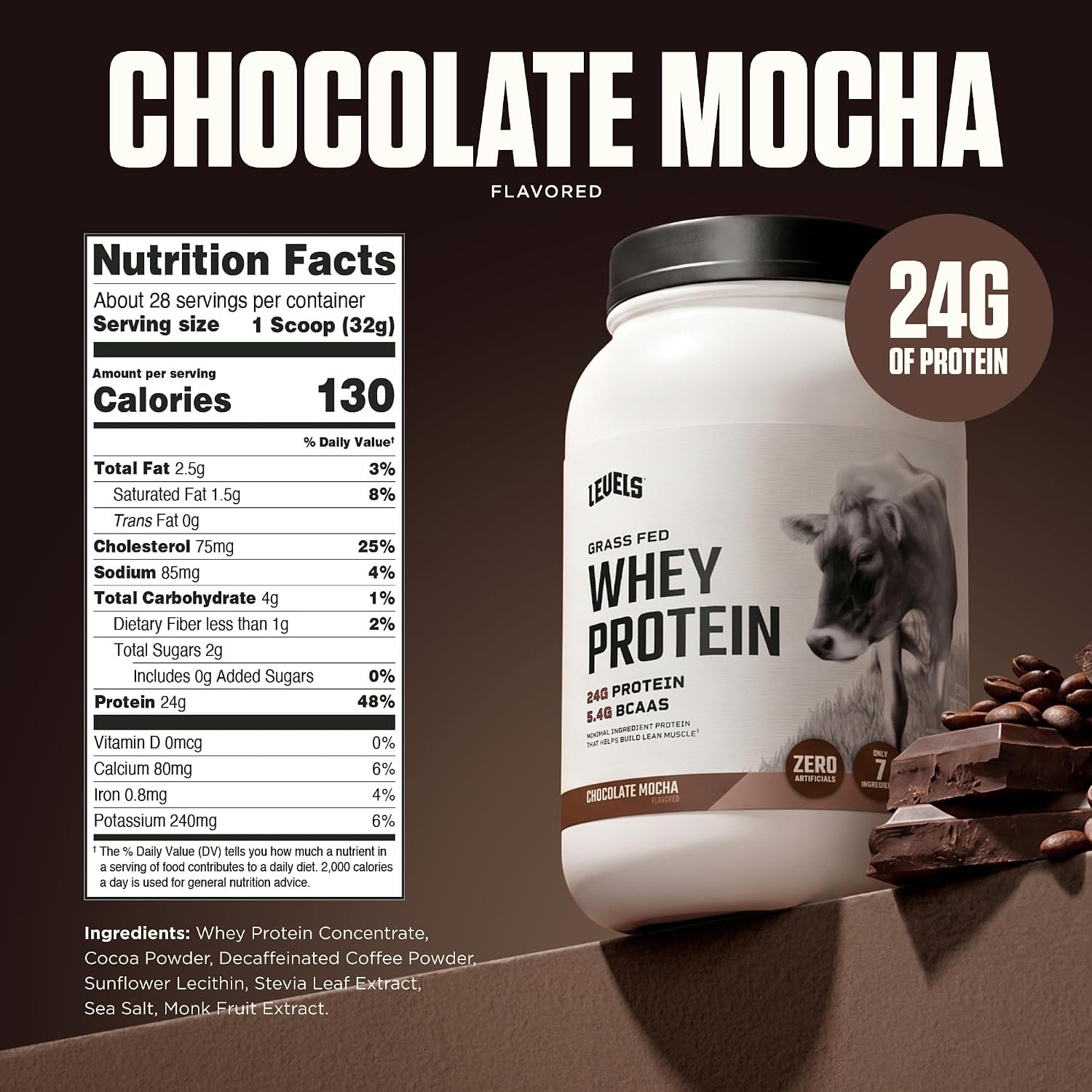 Levels Whey Protein Powder, No Artificial Ingredients, Pure Chocolate, 5LB | 24G of Protein, 5.4G BCAAs, Clean Ingredients, Hormone Free Dairy, No Fillers, No Added Sugar, No Junk