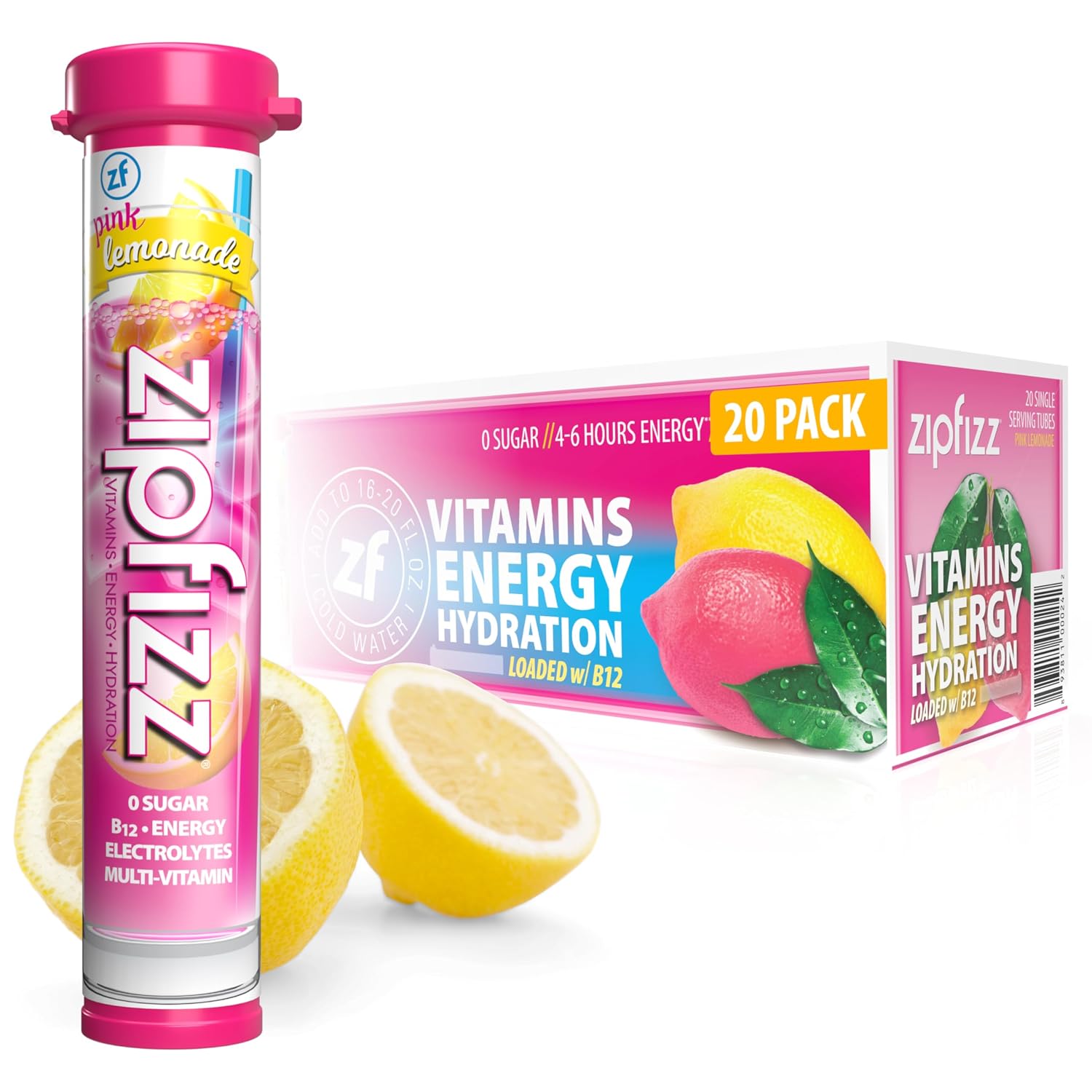 Zipfizz Energy Drink Powder, 20 Pack B12 Electrolyte - Pink Lemonade | Hydration tubes with vitamin drink benefits, 100mg caffeine, B12, electrolytes, & no artificial sugar for active lifestyle