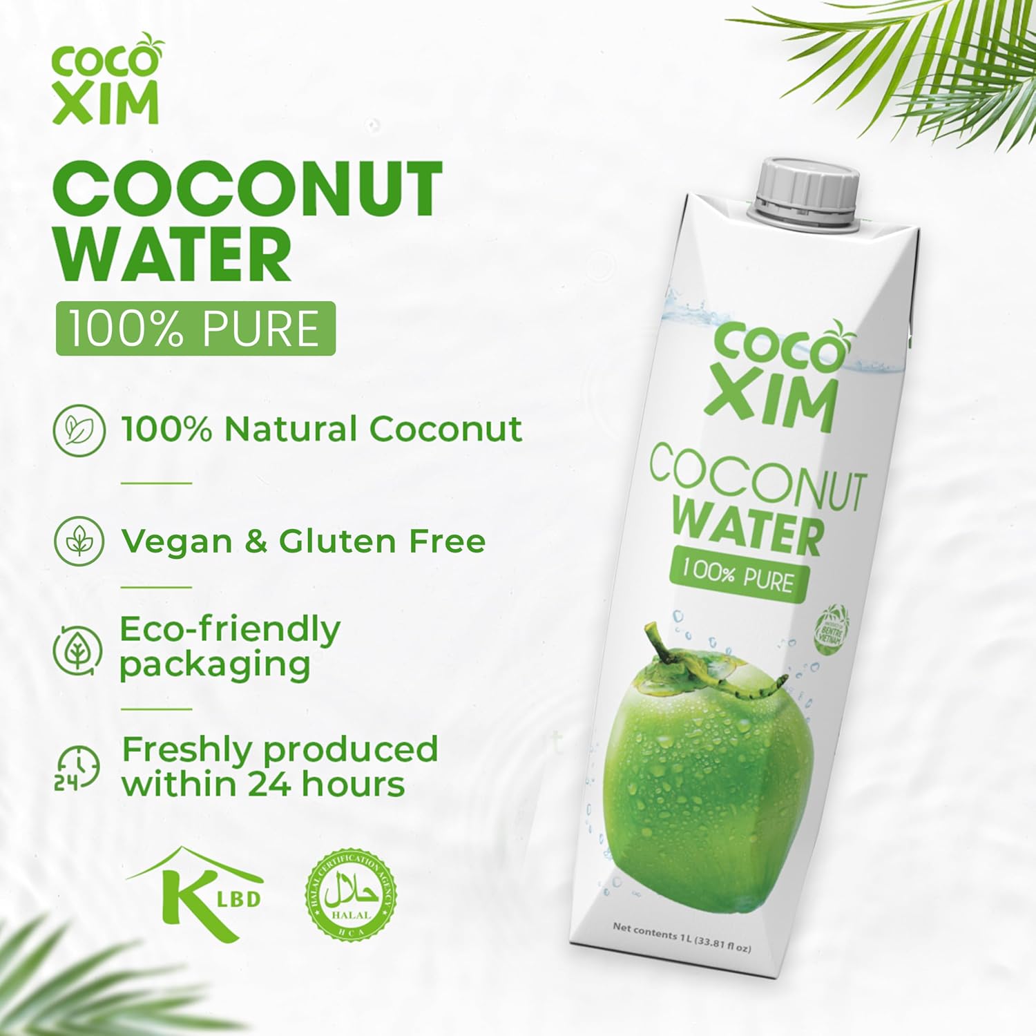 COCOXIM Ready to Drink Pure Coconut Water, 33.8 oz, Pack of 12, Zero Sugar
