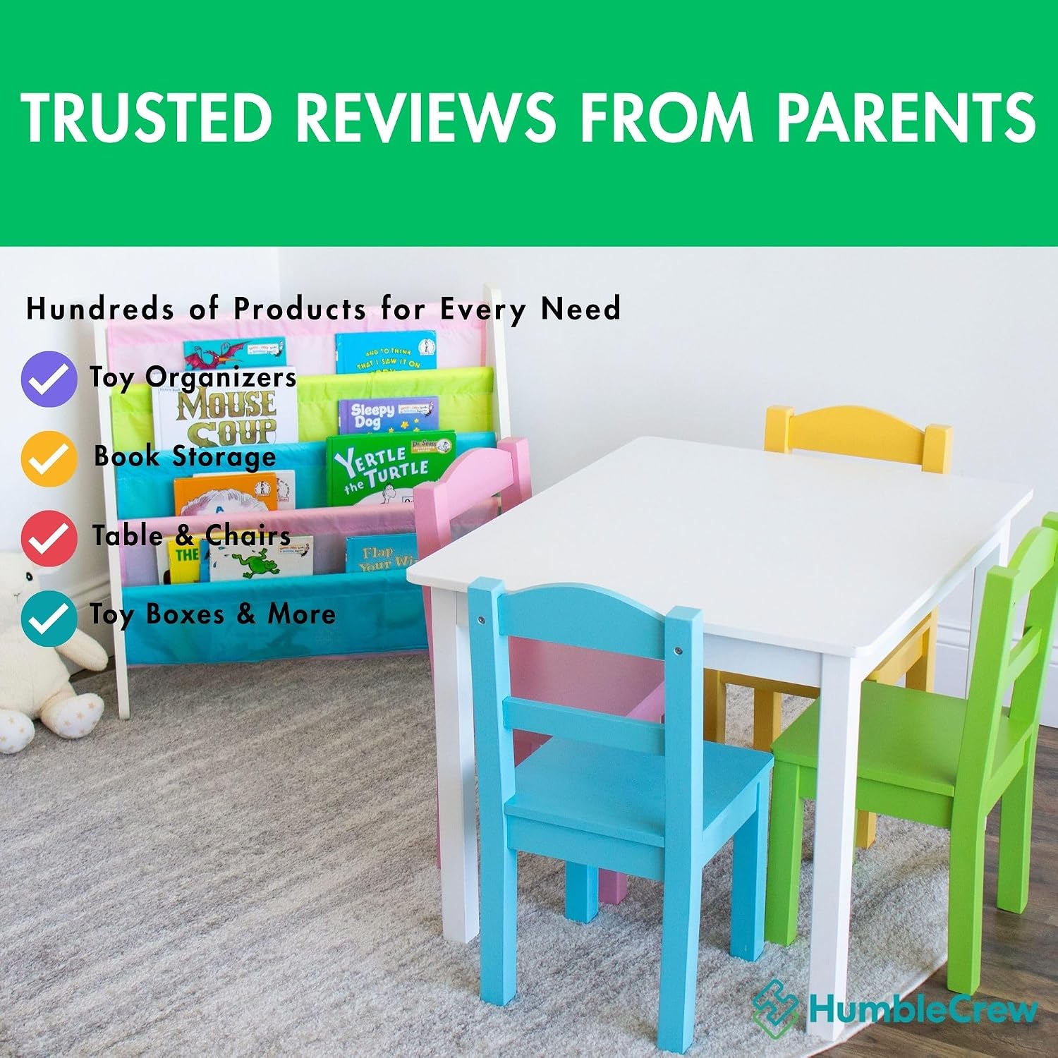 Humble Crew Kids Bookshelf, Montessori Front Facing Toddler Bookcase 4 Tier | Book display rack and reading nook organizer, nylon pockets show covers face out, compact for any playroom or bedroom space