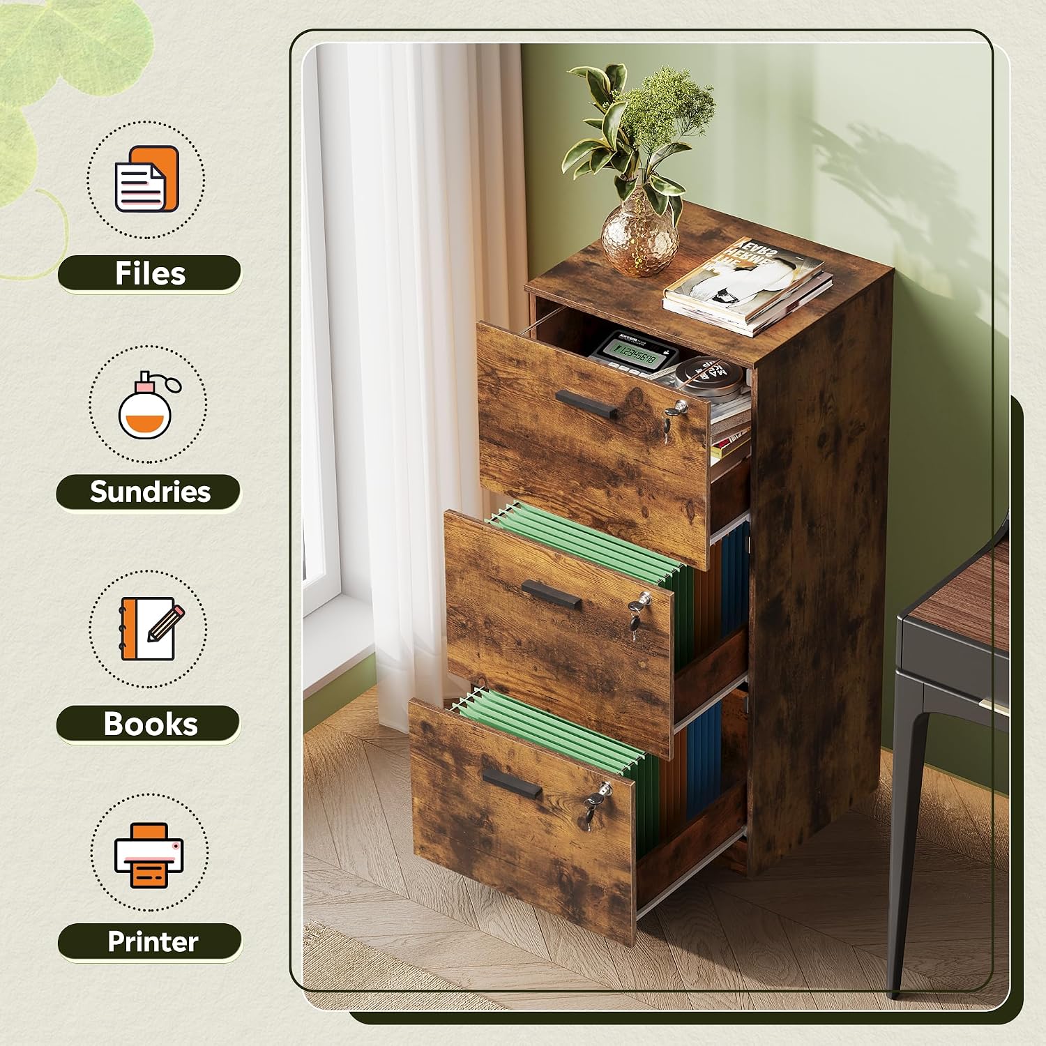 DEVAISE 3 Drawer Wood File Cabinet with Lock, Fits Letter and A4 Size | Wooden Tall Vertical Filing Cabinet, Home Office Printer Stand, Easy Assembly, White