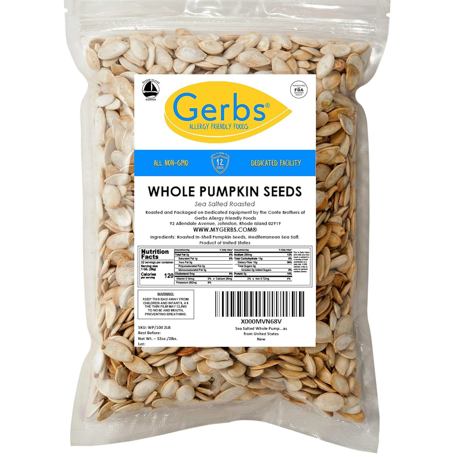 Sea Salted Roasted Pumpkin Seeds in Shell by Gerbs – 2 LBS - Top 11 Food Allergen Free & Non GMO - Premium Whole Pepitas