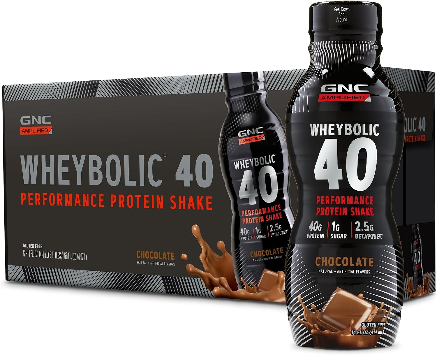 GNC AMP Wheybolic 40, Chocolate, 14 oz, 12 Bottles | Ready to Drink Whey Protein with 40G Protein and Betapower to Support Strength