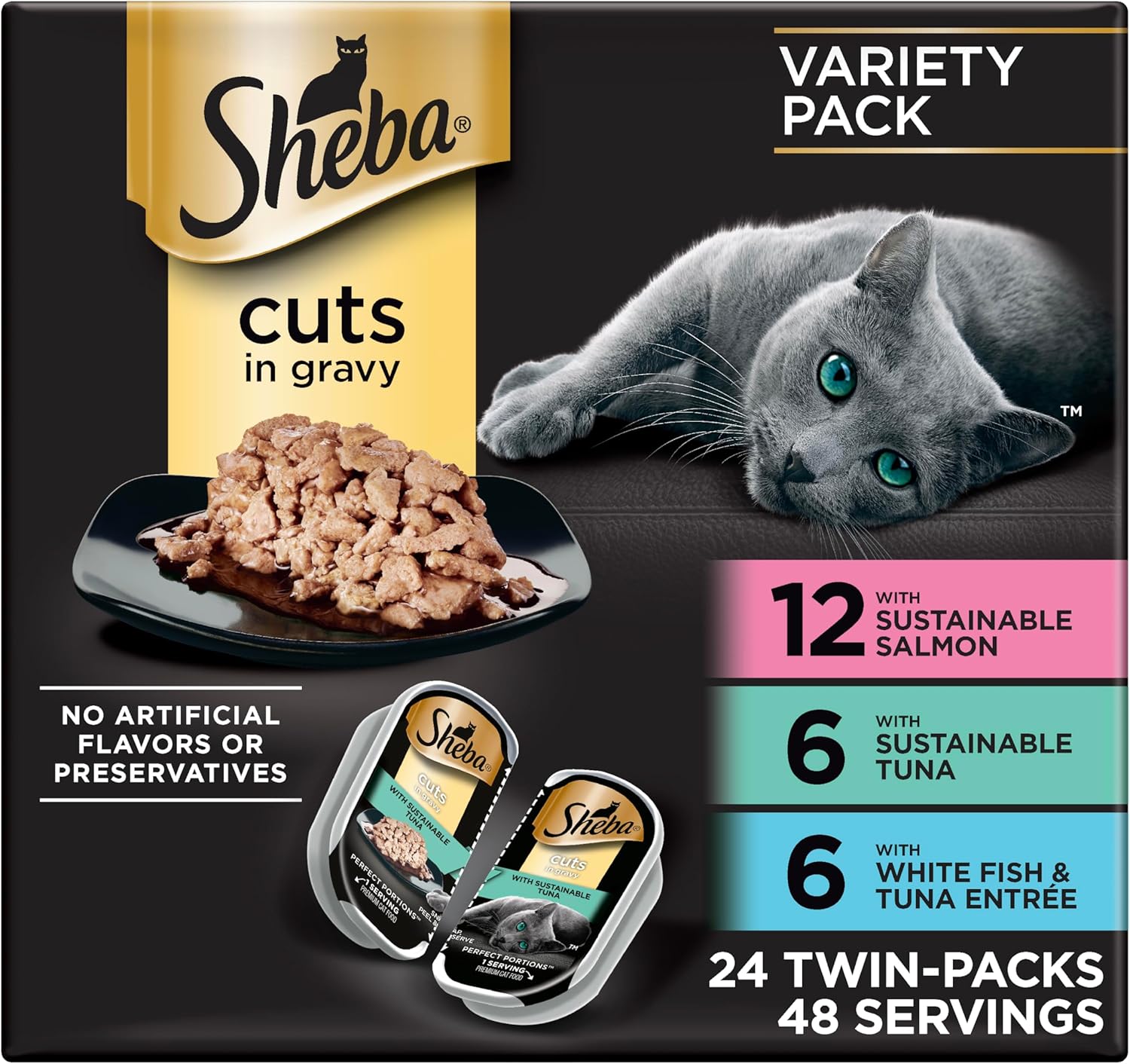 Sheba Perfect Portions Cuts Wet Cat Food, Chicken & Turkey, 2.6 oz, 12 ct | Grain-free, Roasted Chicken & Tender Turkey, adult cat food, protein-rich, no fillers or artificial flavors, twin-pack trays