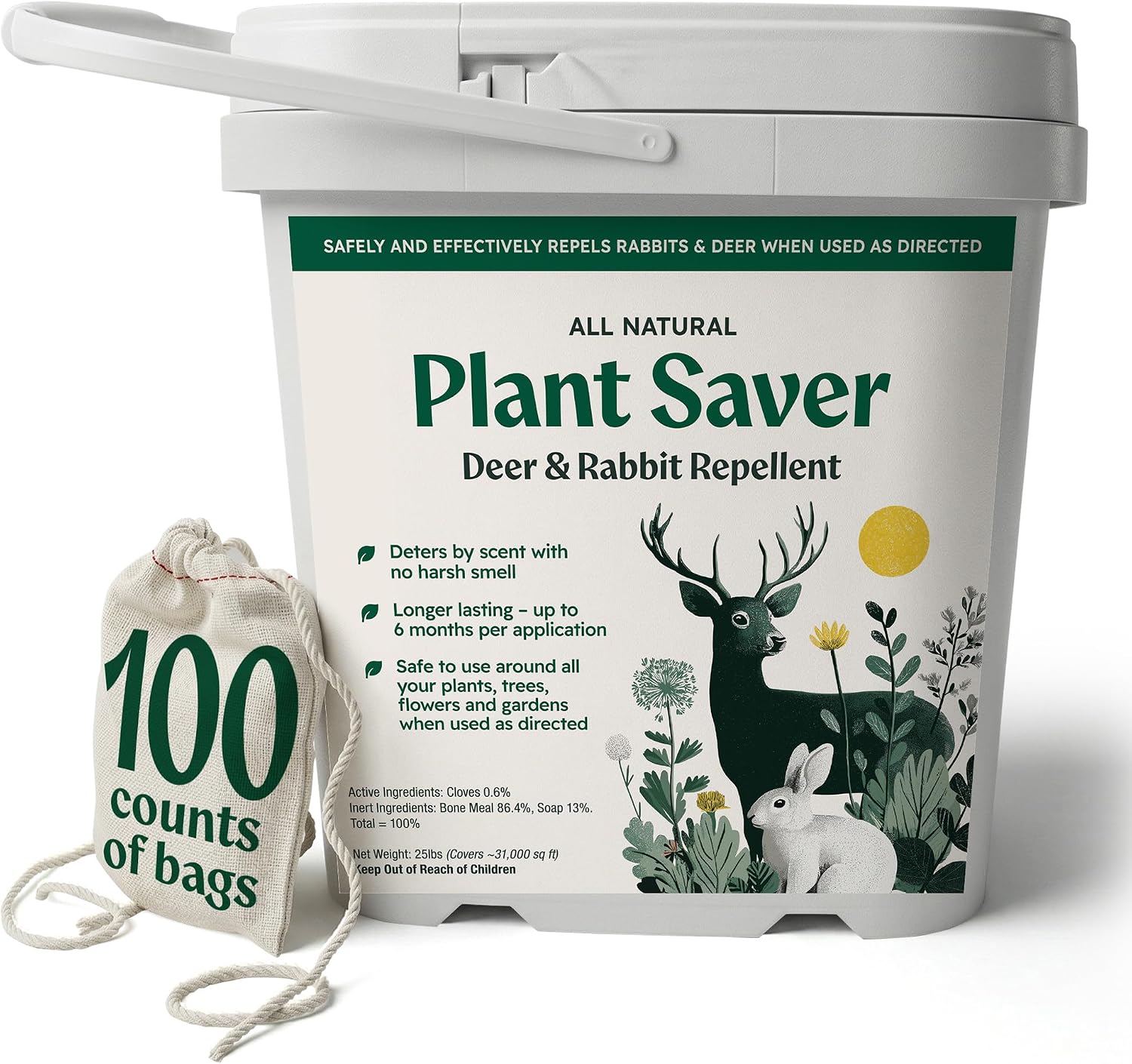 Deer & Rabbit Repellent – All Natural Scent-Based Animal Protection – Safe for Pets & Plants – Long-Lasting Up to 6 Months – Repels Elk, Moose & Rodents – 2 lbs with 10 Refillable Bags