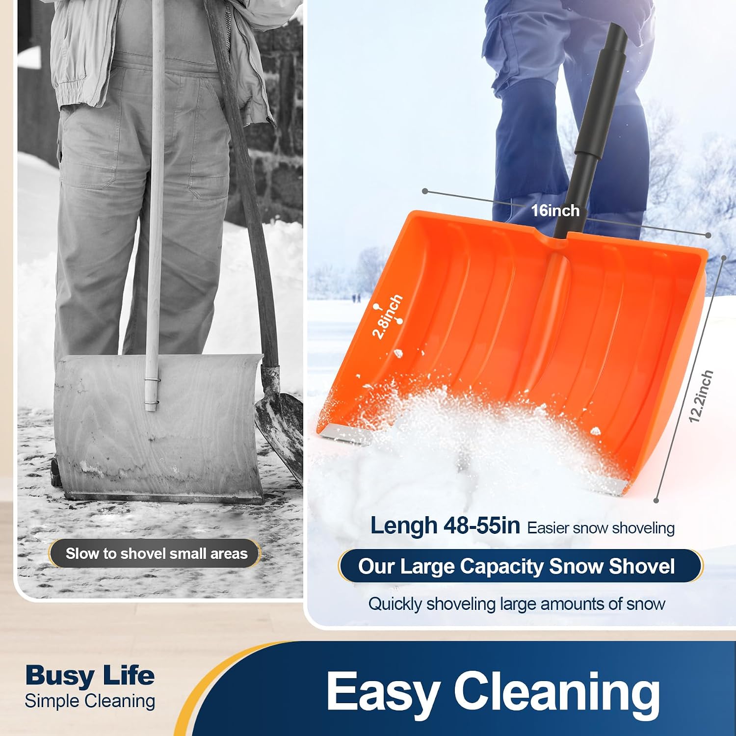 Yocada Snow Shovel 55" Long for Home Garage Driveway Snow Removal | D-Grip Handle Aluminum Strip Large Capacity Orange Shovel for Garden Car Camping