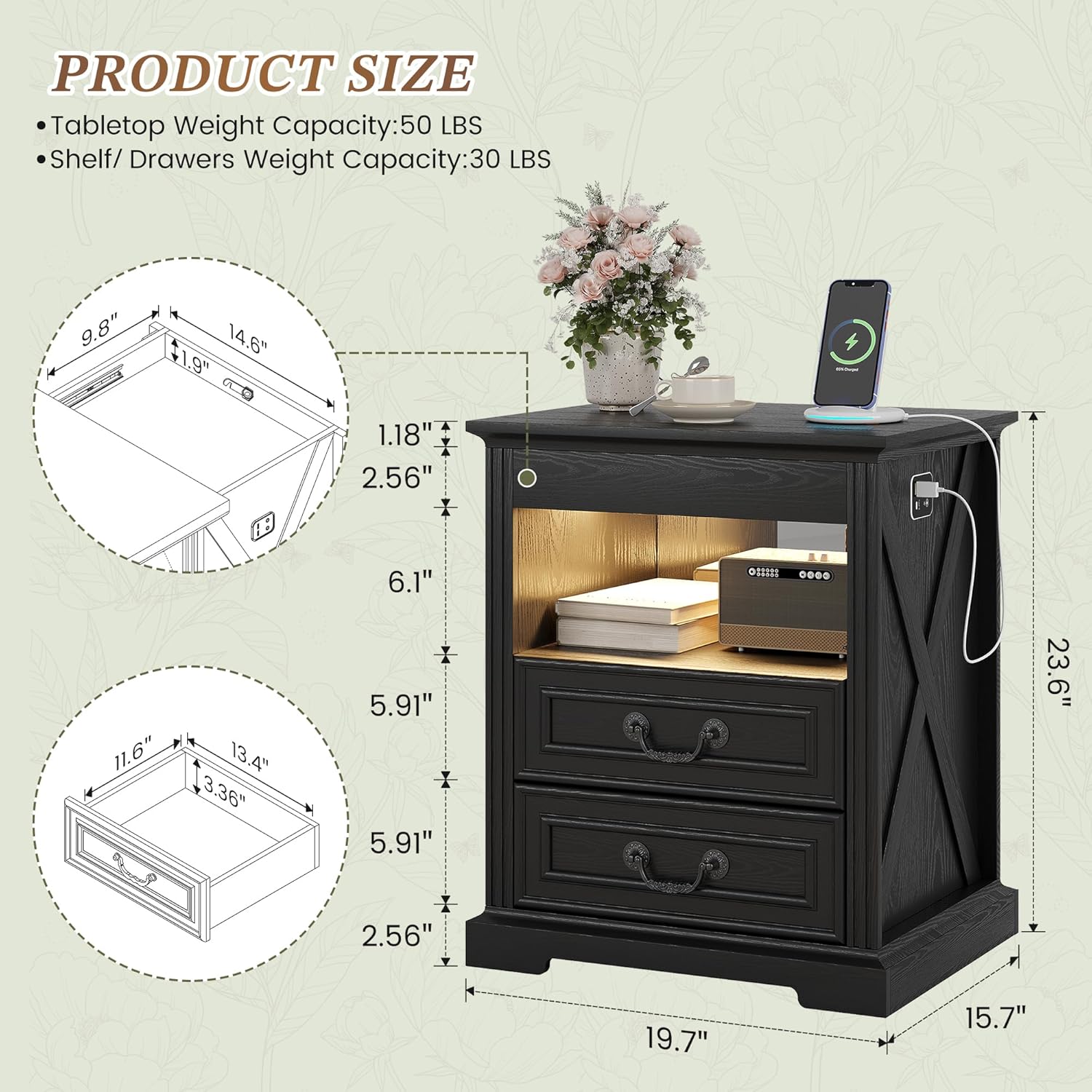 Dystler Nightstand with Hidden Gun Safe Drawer, Charging Station & LED Lights