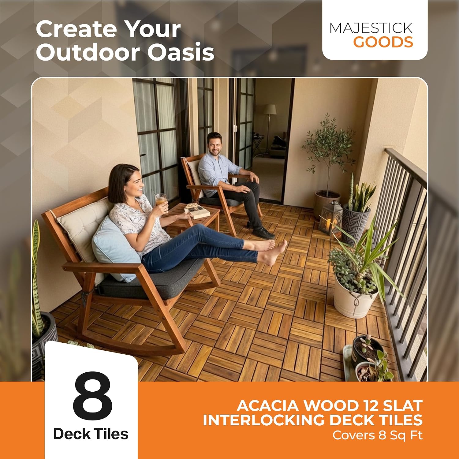 Majestick Goods 8-Pack Slat Acacia Wood Interlocking Deck Tiles
