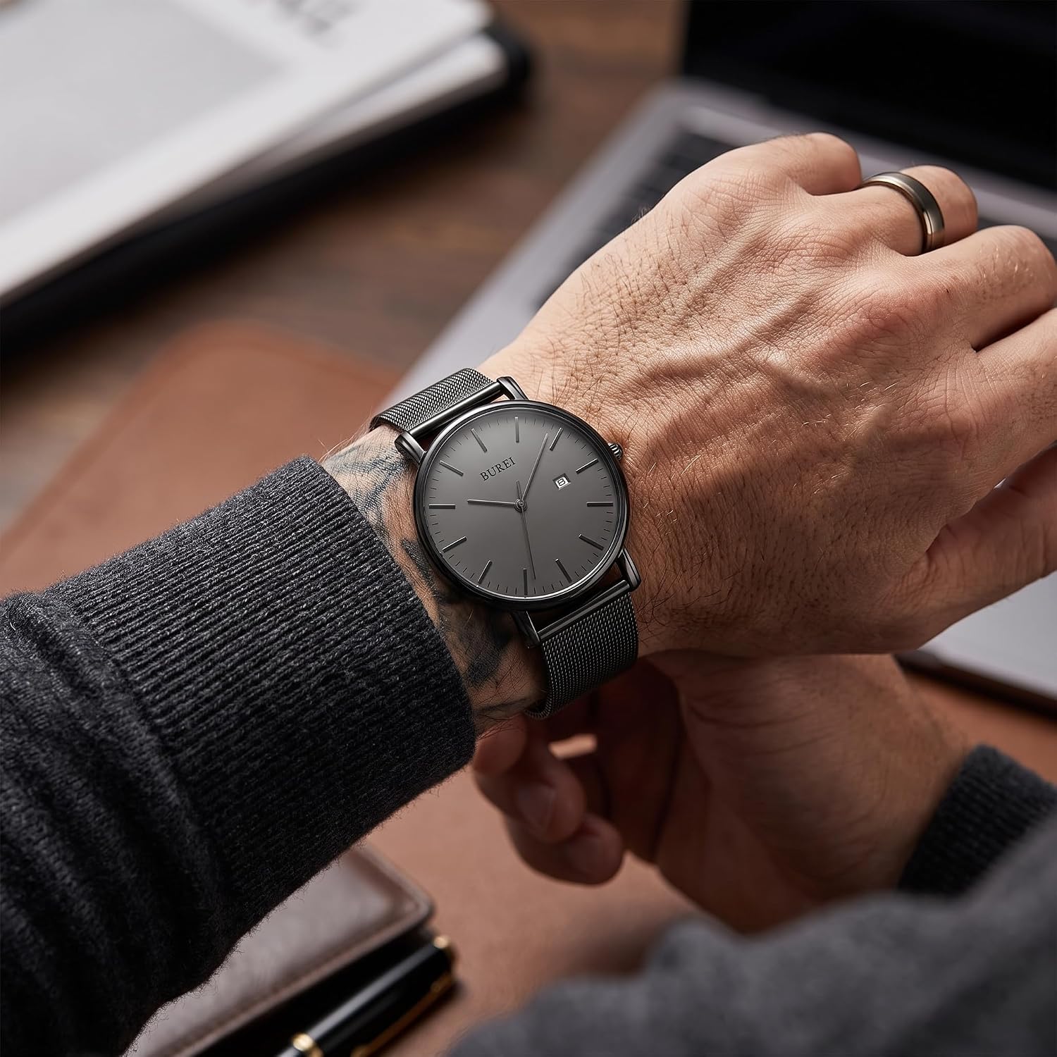 BUREI Men Wrist Watches Fashion Minimalist Thin Analog Quartz Waterproof Watches for Men, Refined Gifts for Men, Boyfriend, Husband, Dad