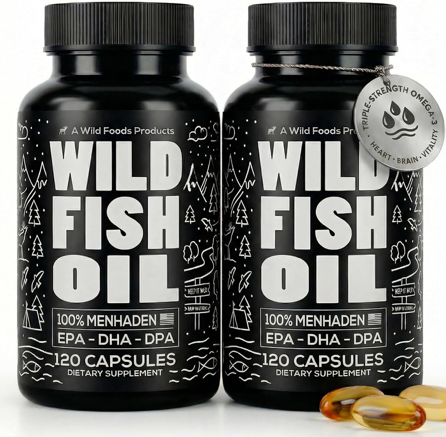 Wild Foods Fish Oil Omega 3 Supplements, 1600mg EPA DHA DPA, 60 Capsules | Burpless, Odorless, Non-GMO, Gluten Free, Supports Brain, Heart & Joint Health, 30 Servings, 1 Pack, Worldwide Sourced
