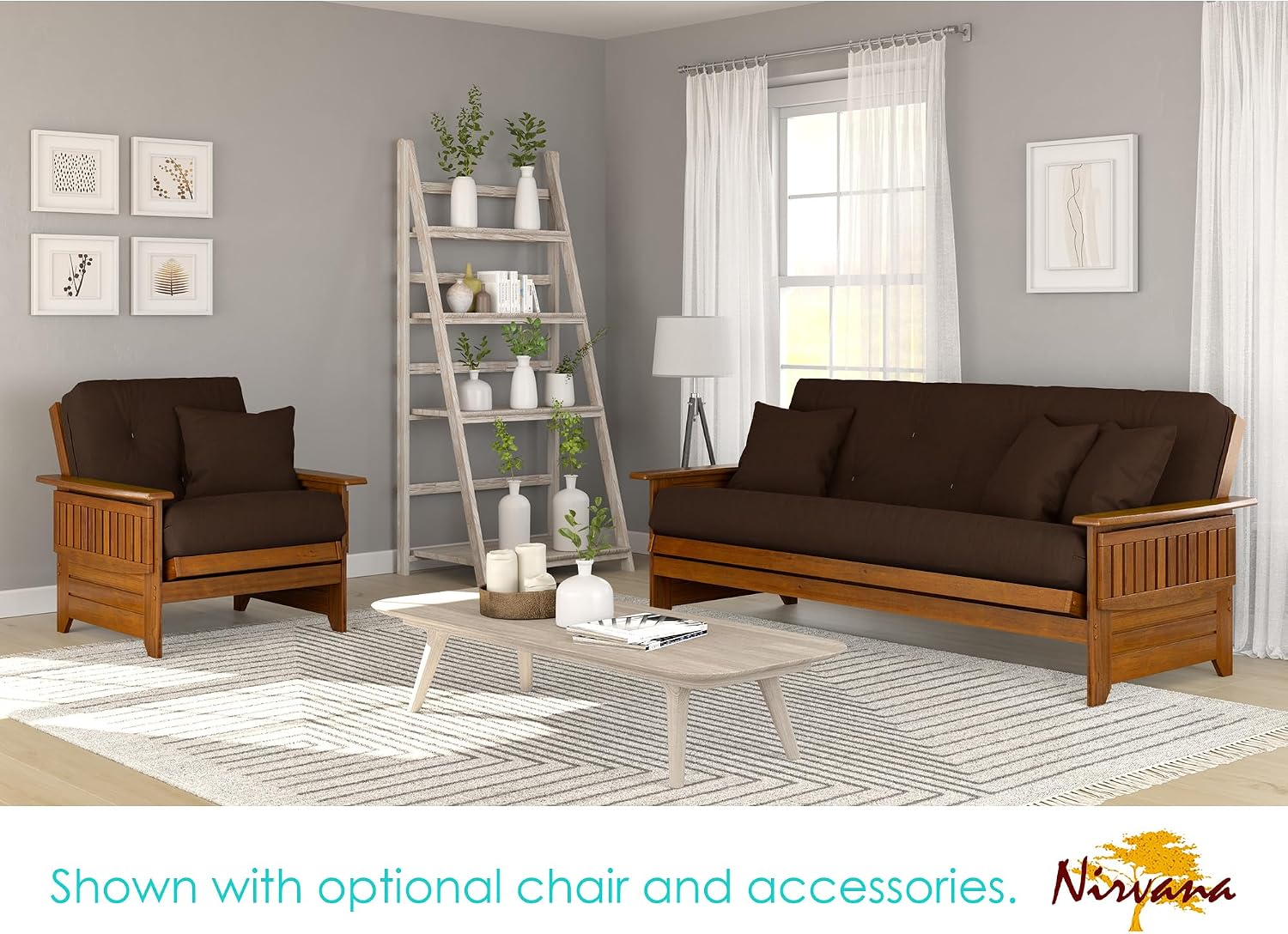 Brentwood Tray Arm Futon Sofabed Set - Queen Frame, 8" Microfiber Fudge Mattress, Heritage Finish