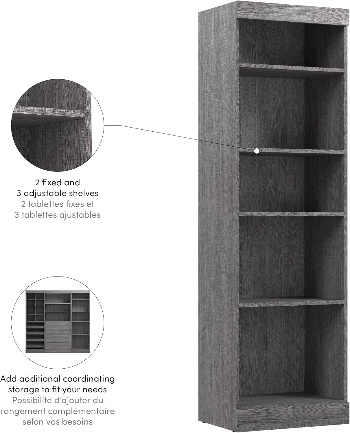 Bestar Closet Organizer System 25-inch for Walk-in Closets, Bedroom, Entryway, Pur Collection, Modern, Bark Gray | 2 fixed shelves