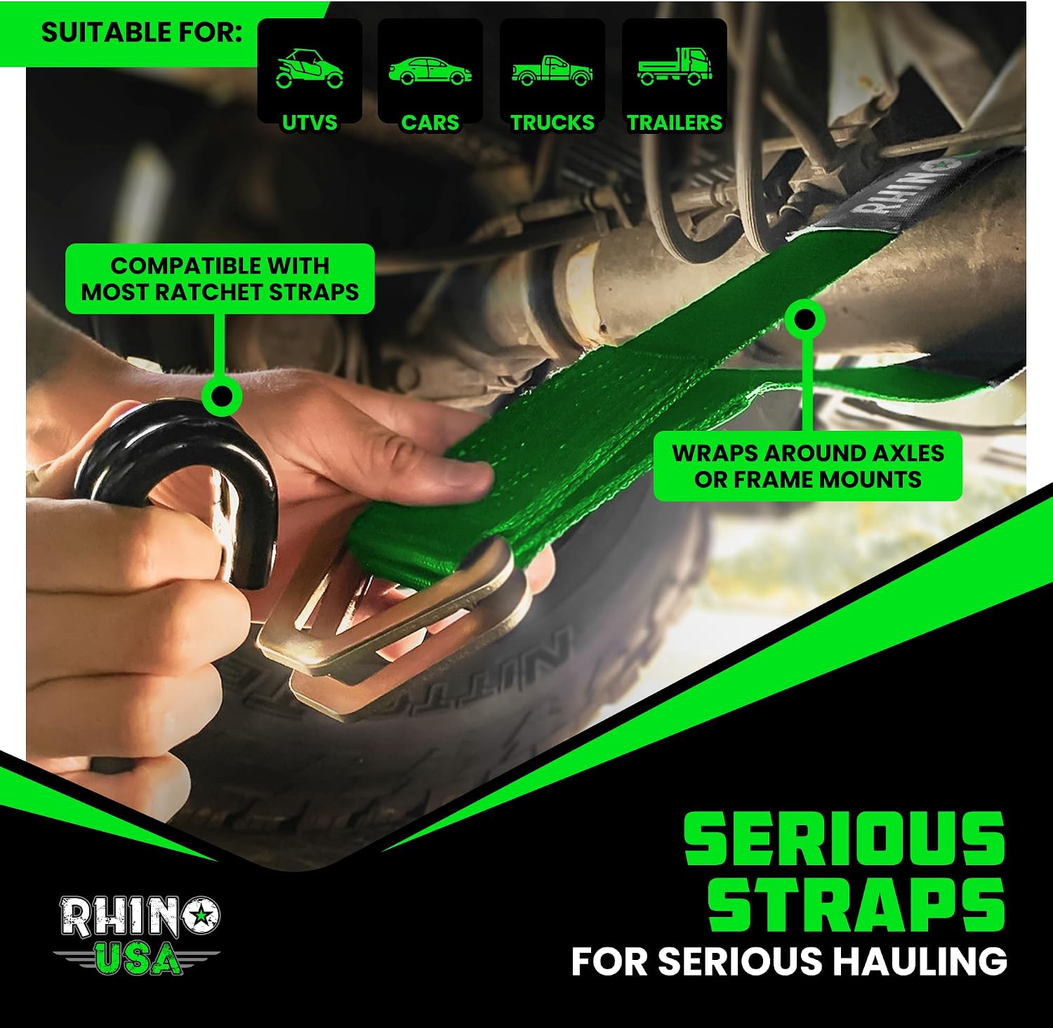 Rhino USA Axle Tie Down Straps - 11,128lb Break Strength with D-Rings