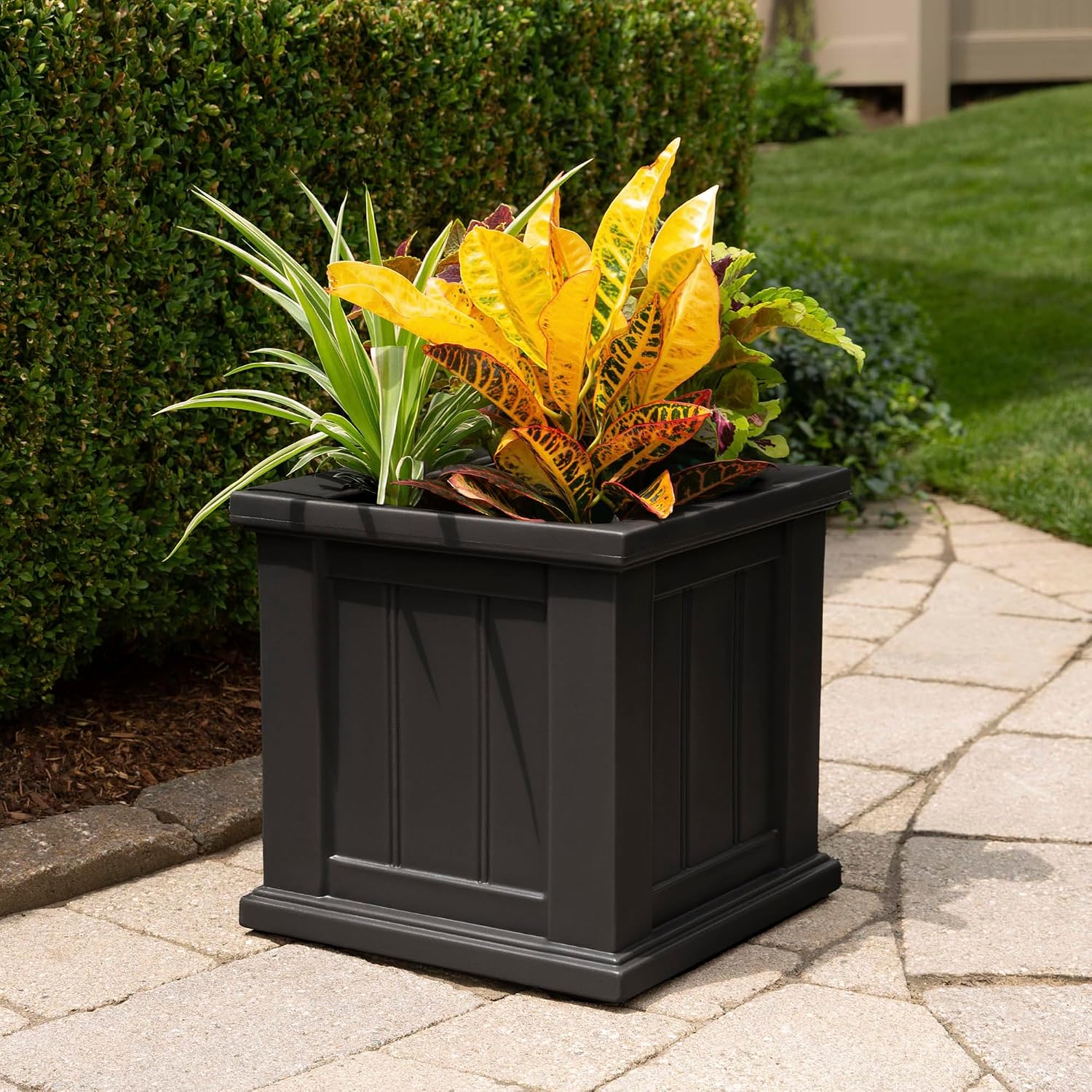 Mayne Cape Cod 14in Self-Watering Square Planter, Black | Self-watering, All season, Fade resistant, Double-wall design, 15-year warranty