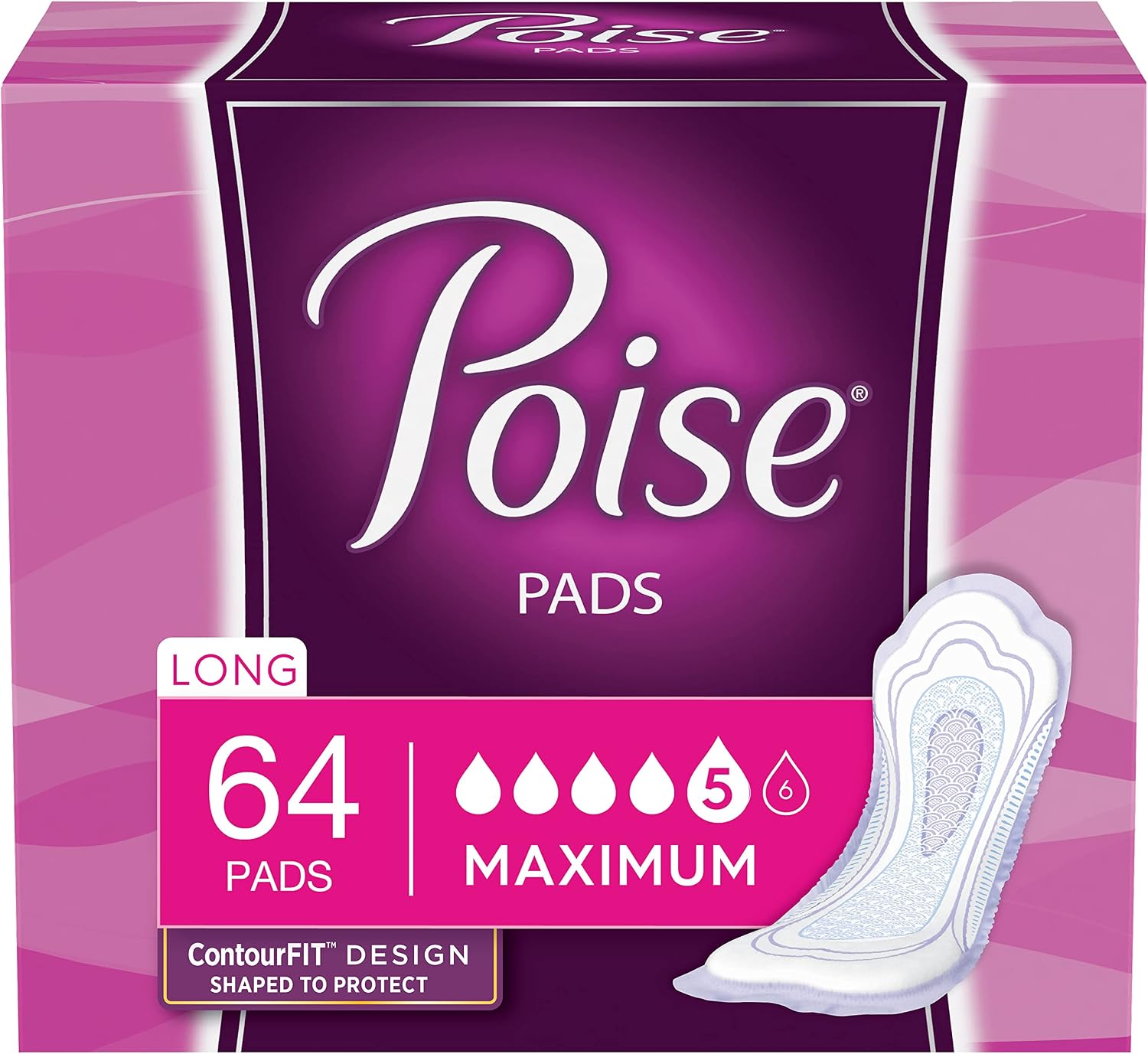 Poise Incontinence Pads, Maximum Absorbency, Long, 64 Count (Pack of 1)