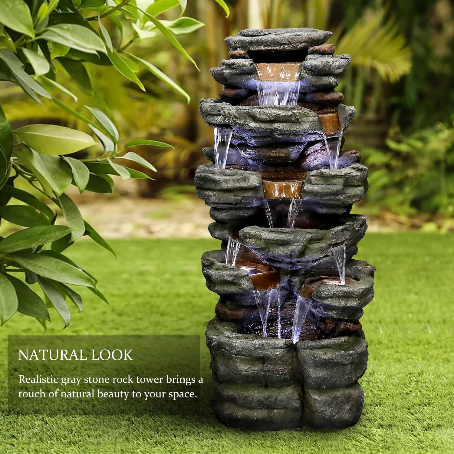 SunJet 40.5” High Rocks Outdoor Water Fountain - 6-Tiers Cascading Waterfall with LED Lights, Soothing Tranquility for Home Garden, Yard Decor