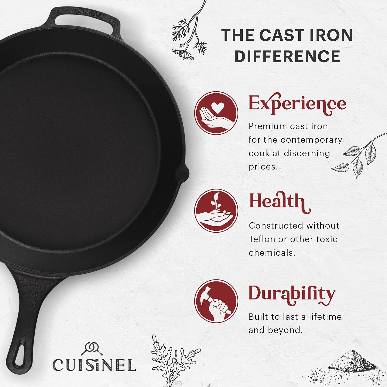 Cuisinel Cast Iron Skillet with Lid - 10"-Inch Pre-Seasoned Frying Pan + Glass Cover + Heat-Resistant Handle Holder - Indoor/Outdoor Use - Grill, Stove, Camp Firepit, Induction - Oven Safe Cookware