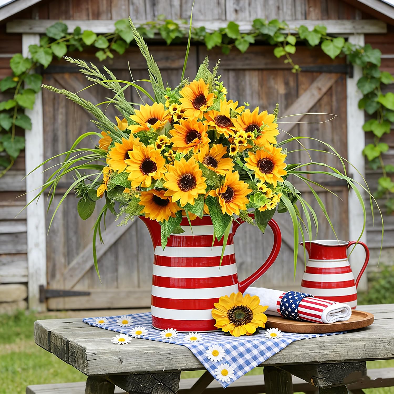 AmyHomie Artificial Sunflowers for Outdoors Fall Decor, 2 Bouquets | Garden, Patio, Wedding, Home, Centerpieces, Vase, UV Resistant, No Water
