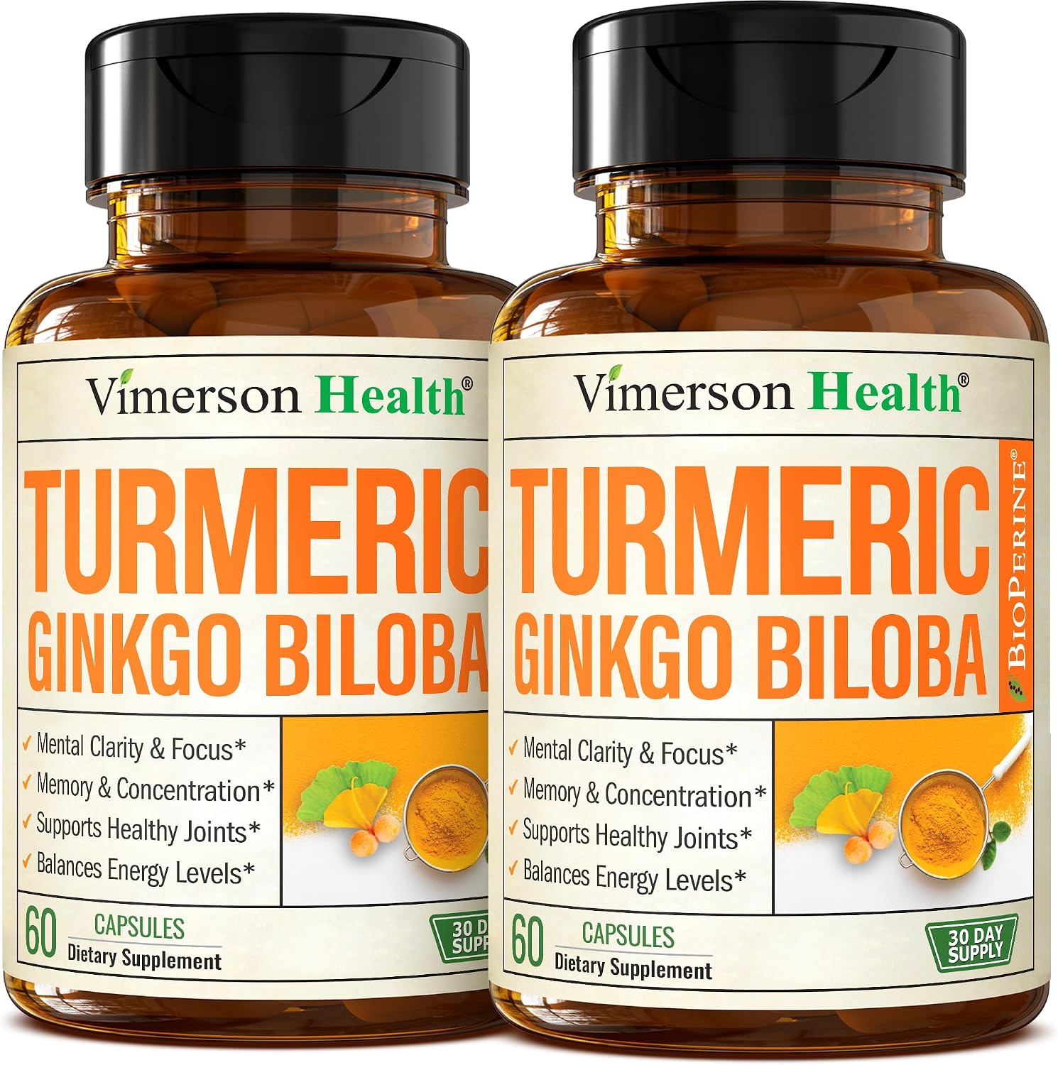 Ginko Biloba Capsules with Ginkgo Biloba 120mg & Organic Turmeric for Joint Support, Focus and Brain Health – Gingo Biloba Supplement with Black Pepper (Bioperine) for Max Absorption – 60 Count
