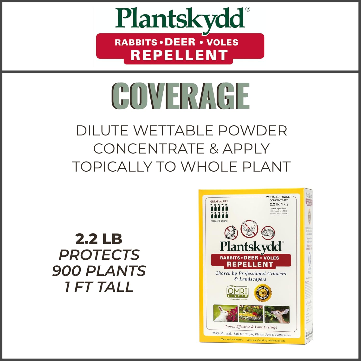 Plantskydd Animal Repellent, Deer, Rabbit, Voles, Powder Concentrate 2.2lb | Makes 2.5 Gallons of Liquid Repellent