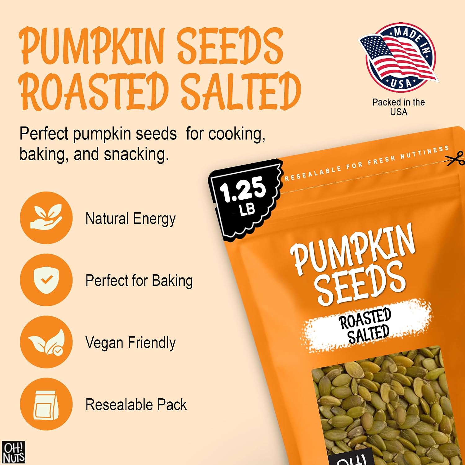 Oh! Nuts Roasted Pumpkin Seeds Salted Pepitas No Shell 2 Pound | Roasted salted pumpkin seeds no shell - Premium pepitas packed in NY - Resealable zip bag for freshness