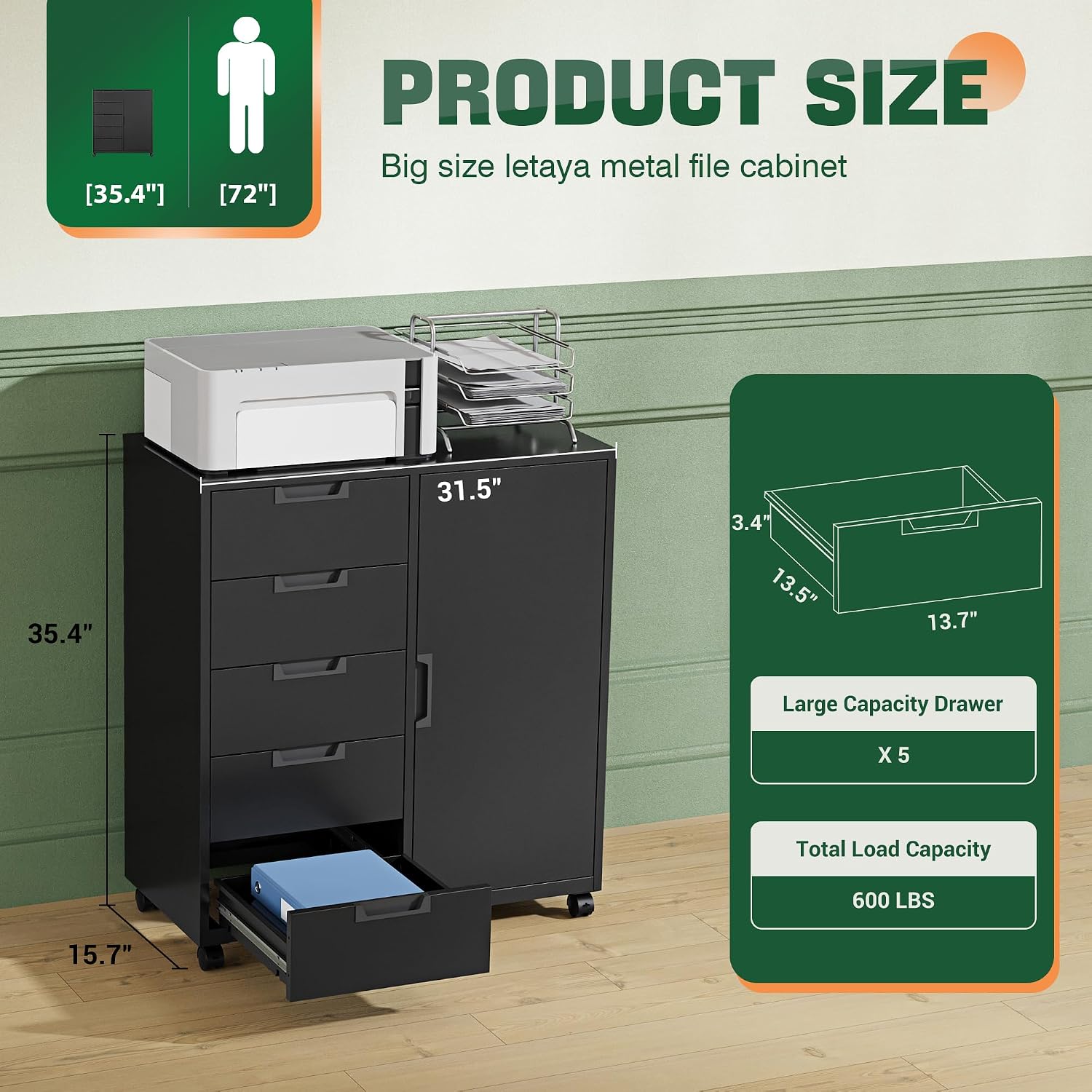 5 Drawer Storage Cabinet, Mobile Printer Stand for Home Office,Dresser Chest with Shelves and Door(White)