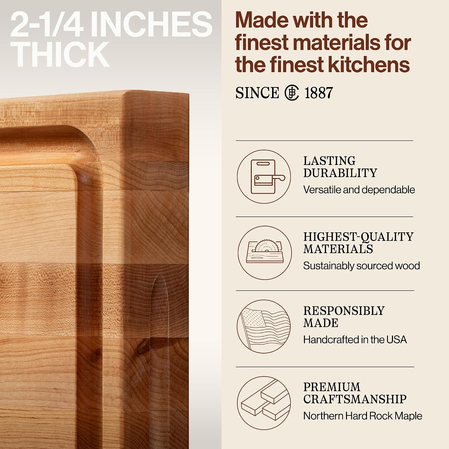 John Boos RA-Board Series Rectangular Wooden Maple Deluxe Barbecue Cutting Board 20”x15” – 2.25” Thick