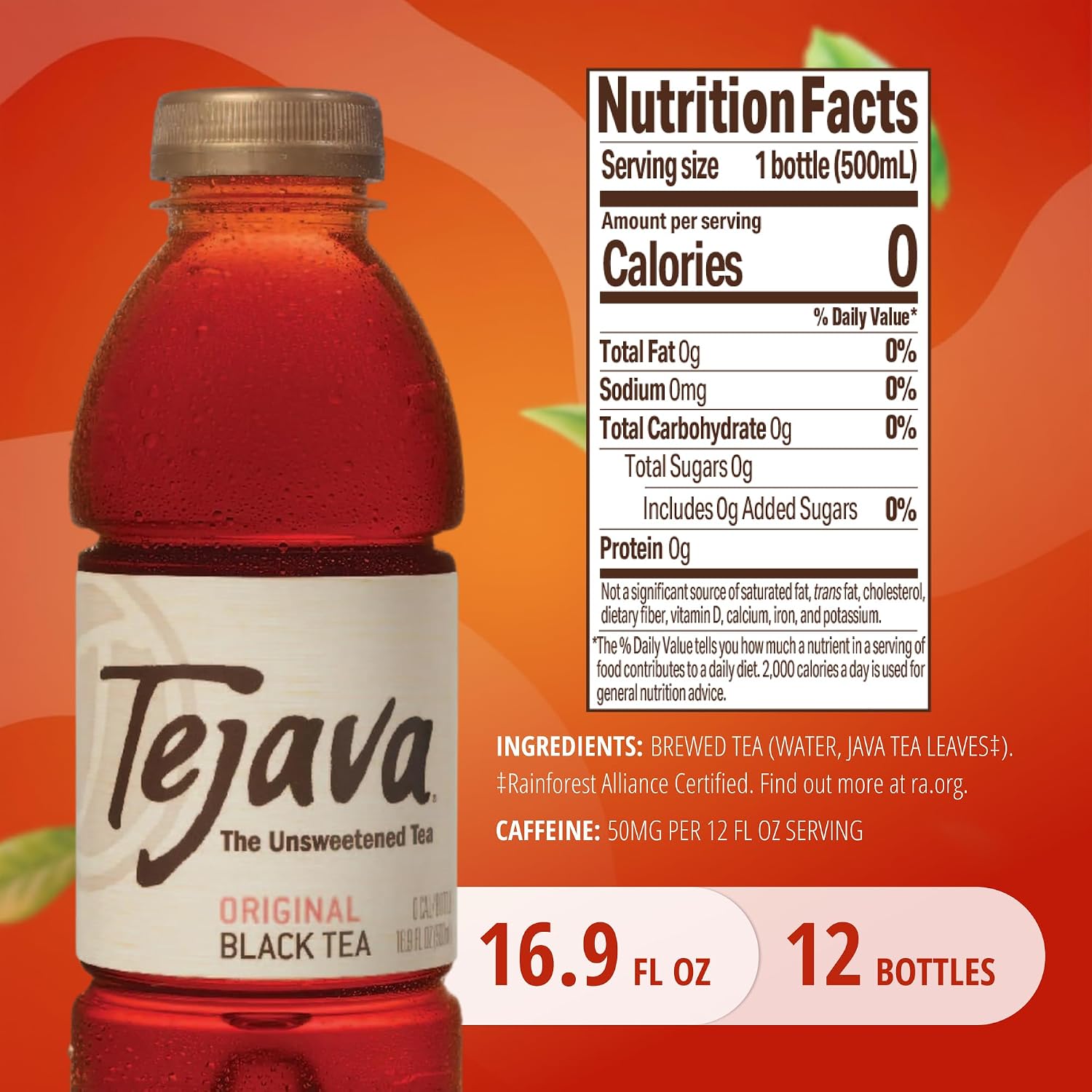 Tejava Pineapple Mango Unsweetened Black Iced Tea, 16.9 fl oz, Pack of 12