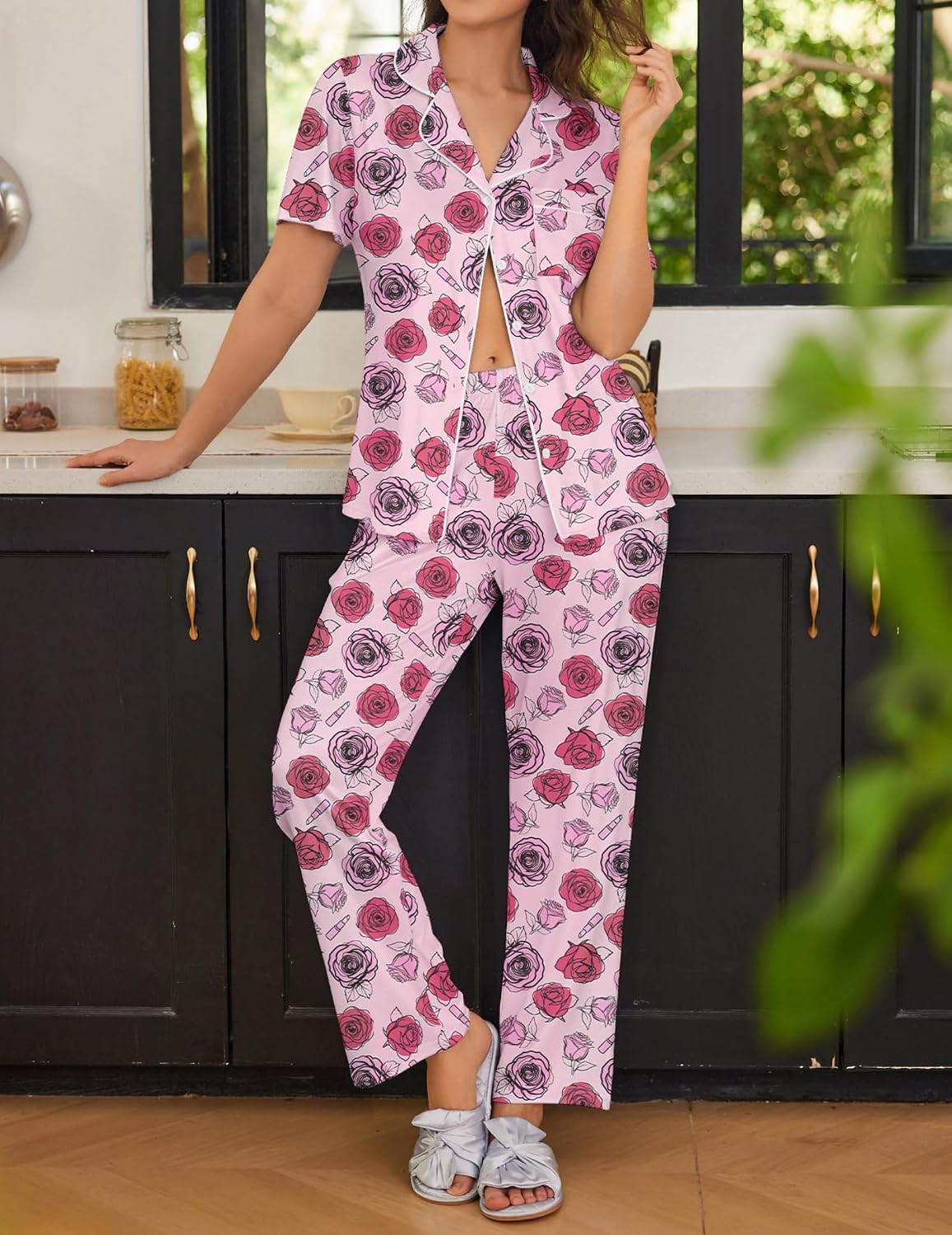 Ekouaer Womens Pajamas Set Short Sleeve Button Down Top & Pants Lounge Pjs