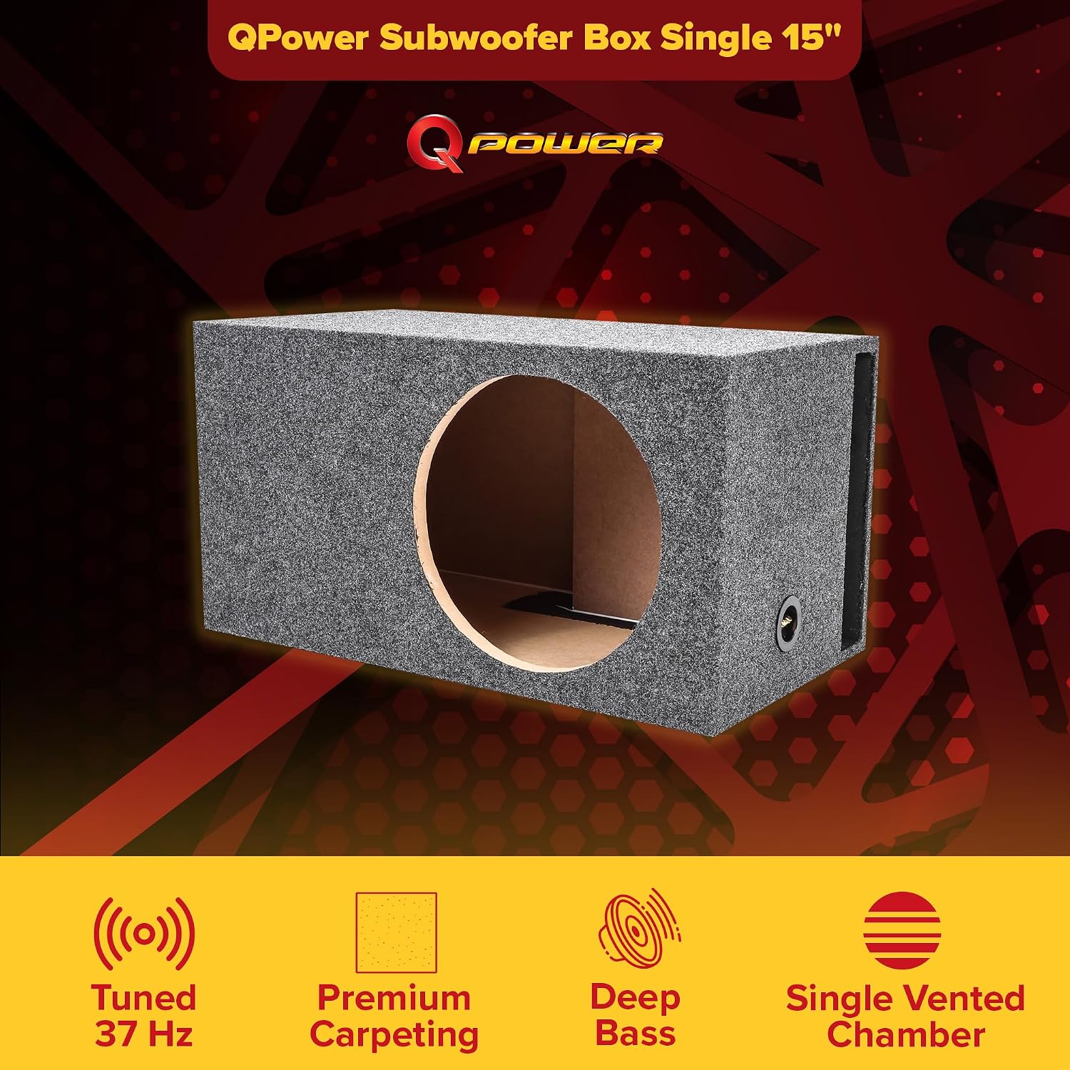 QPower 15 Inch Heavy-Duty Single Vented Carpet Covered Durable Car Audio Vehicle Subwoofer Enclosure Woofer Box, Charcoal Gray