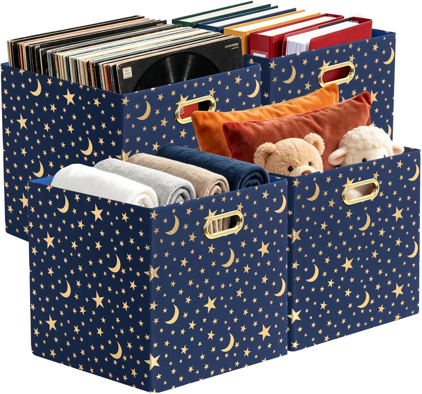 Posprica Storage Bins, Storage Cubes,13×13 Fabric Drawers Organizer Basket Boxes Containers (13×13×13/4pcs, Cream/gold geometry Pattern)