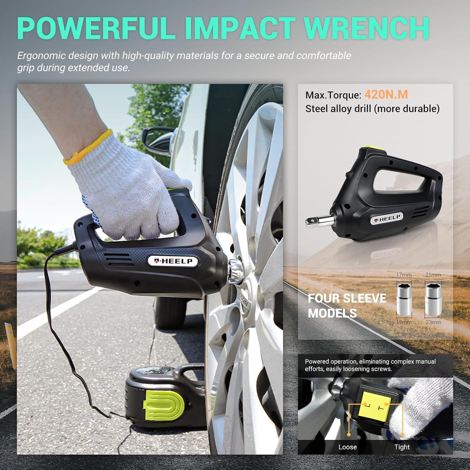 E-HEELP Electric Car Jack Kit 5 Ton 12V with Impact Wrench, 6.1-17.7 in