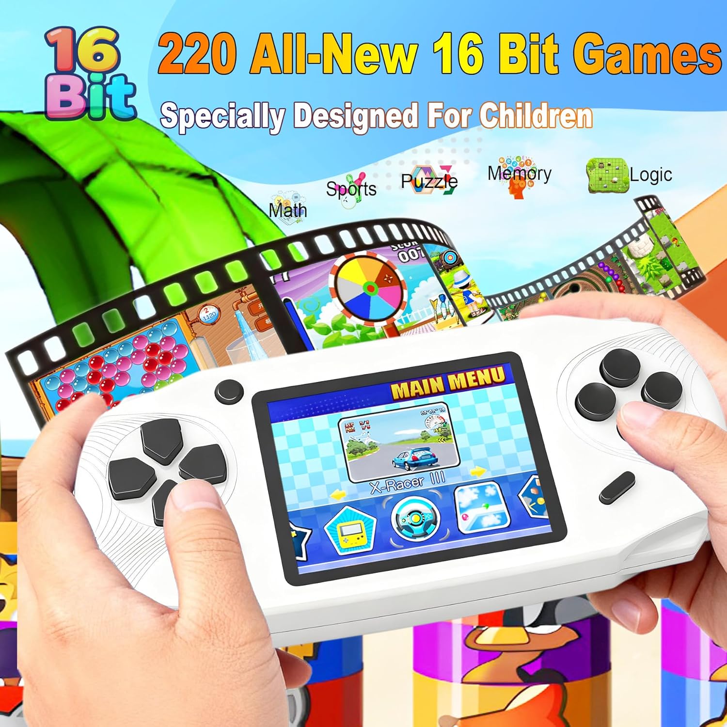 16 Bit Handheld Games for Kids Preloaded 220 Retro Video Games, Blue | 3.0" HD Screen, Rich Gameplay,USB-C Rechargeable, 6+Hrs Play, Portable Travel Toy for Car Flights,Boys Girls Birthdays Gift